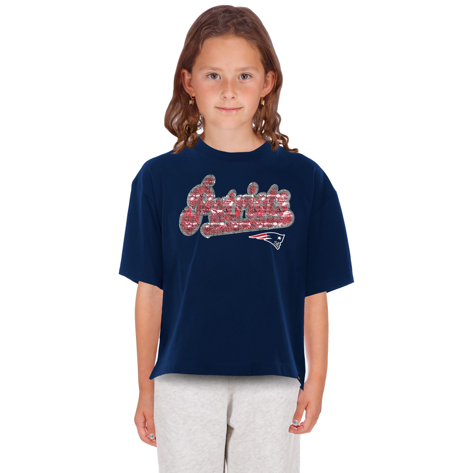 New Era Girls' New England Patriots Navy Flip Sequin T-Shirt