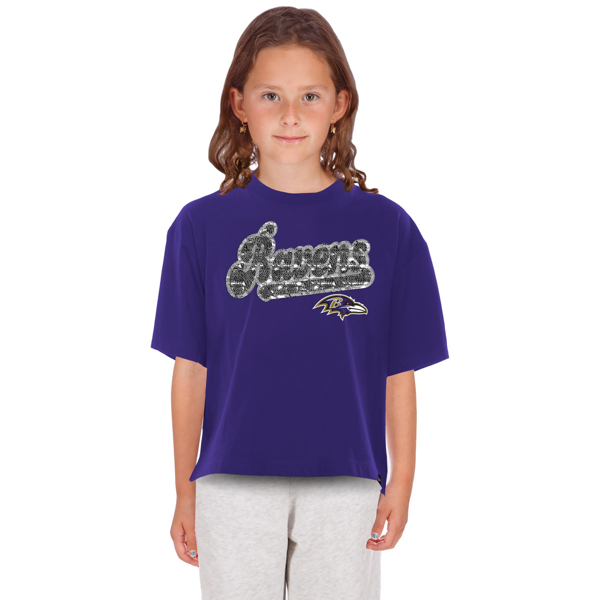 New Era Girls' Baltimore Ravens Purple Flip Sequin T-Shirt