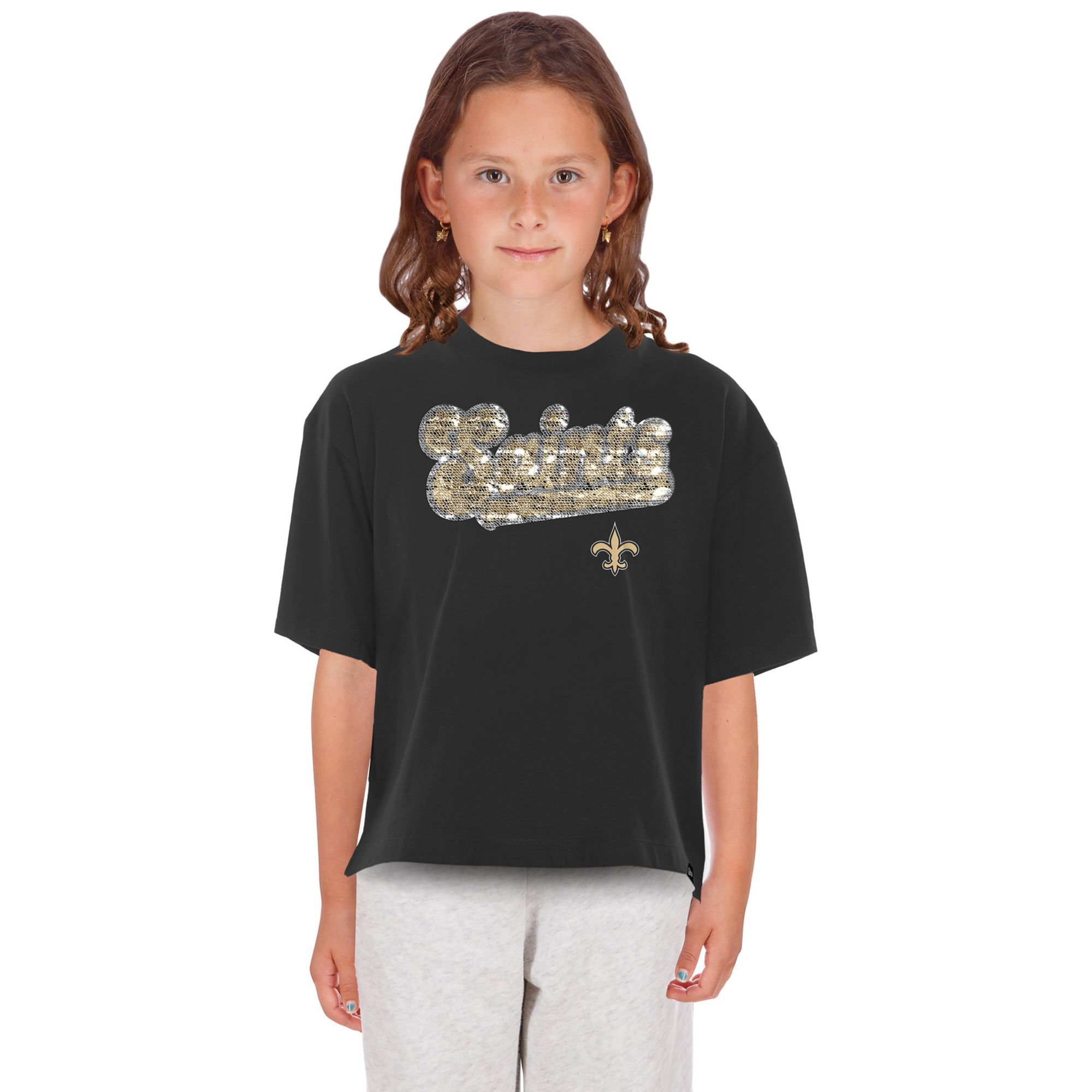 New Era Girls' New Orleans Saints Black Flip Sequin T-Shirt