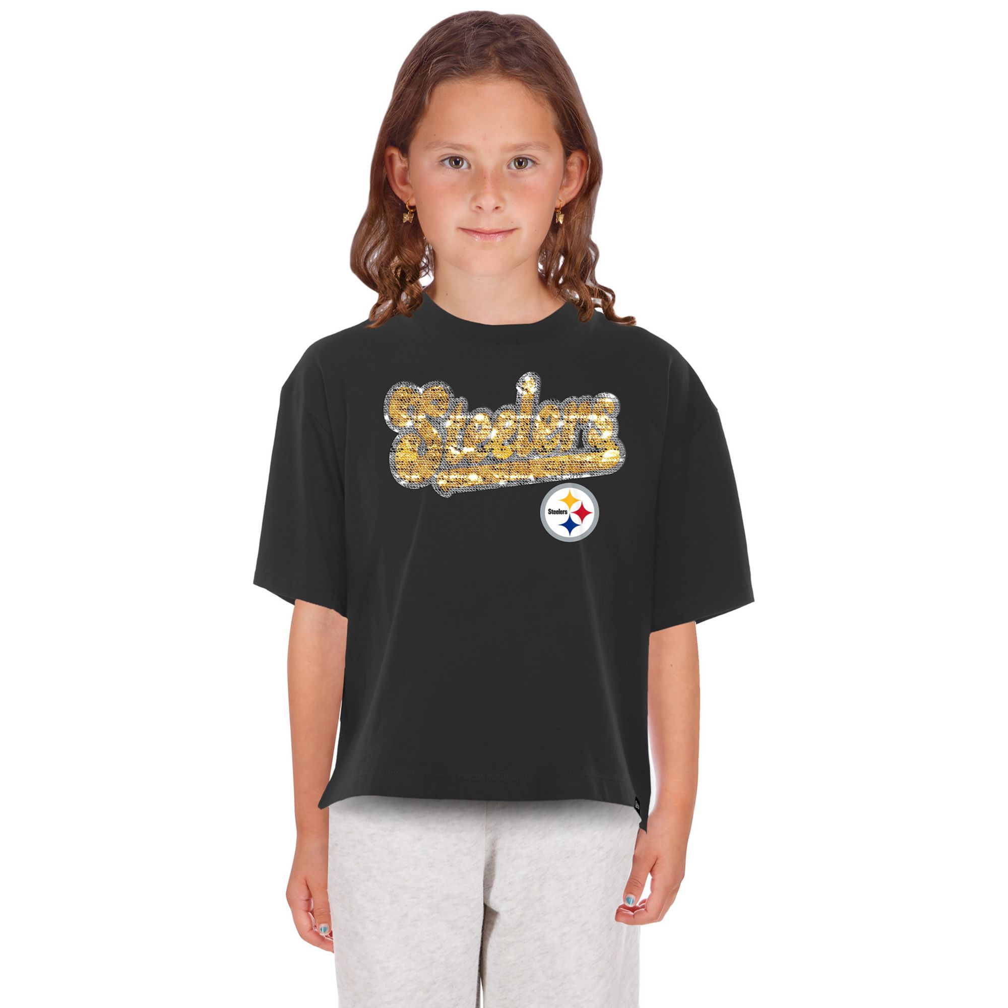 New Era Girls' Pittsburgh Steelers Black Flip Sequin T-Shirt