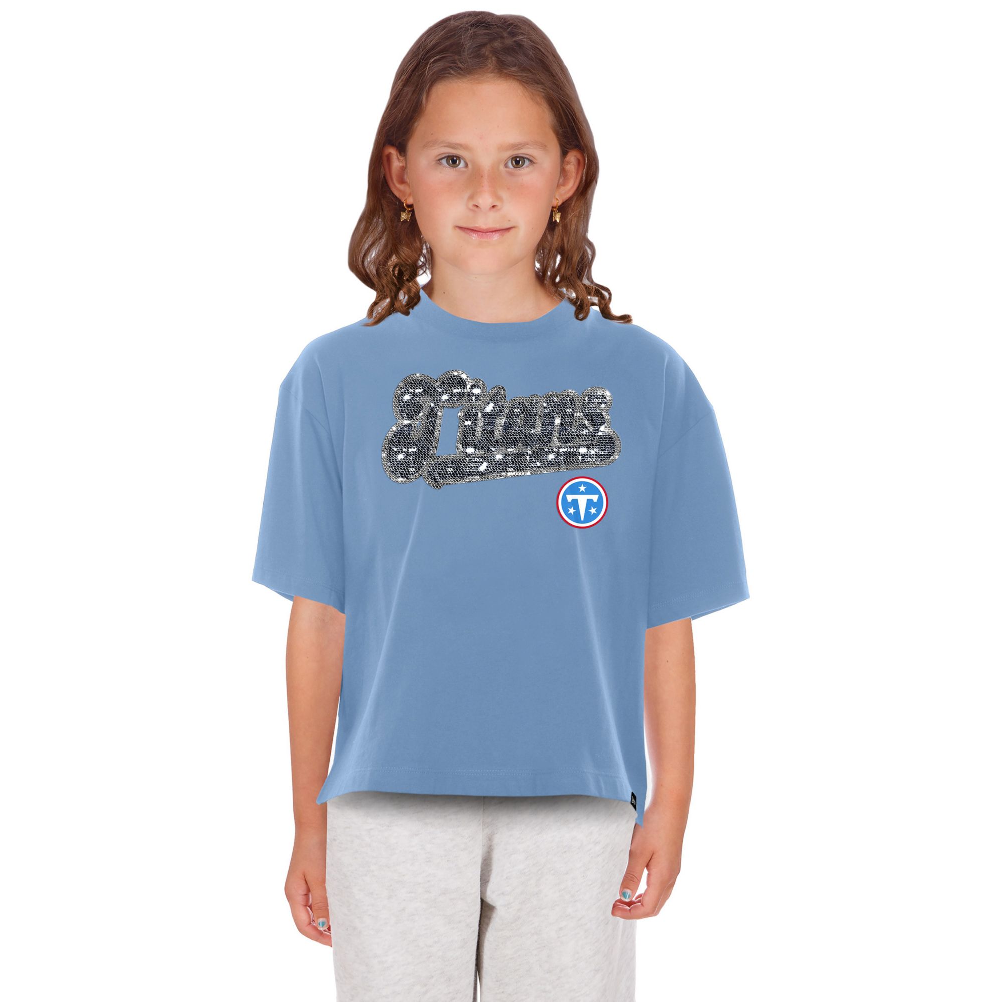 New Era Girls' Tennessee Titans Pastel Blue Flip Sequin T-Shirt