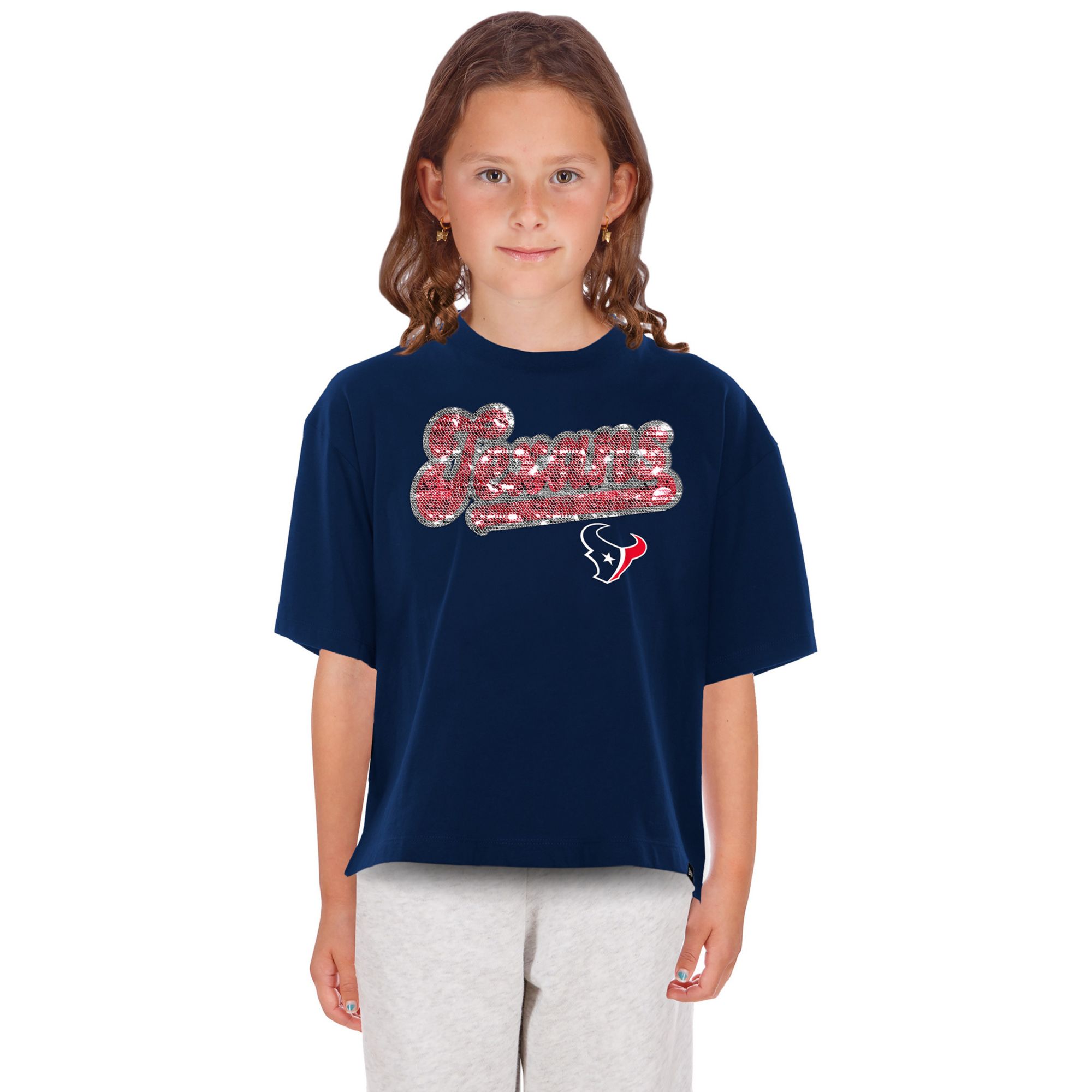 New Era Girls' Houston Texans Navy Flip Sequin T-Shirt