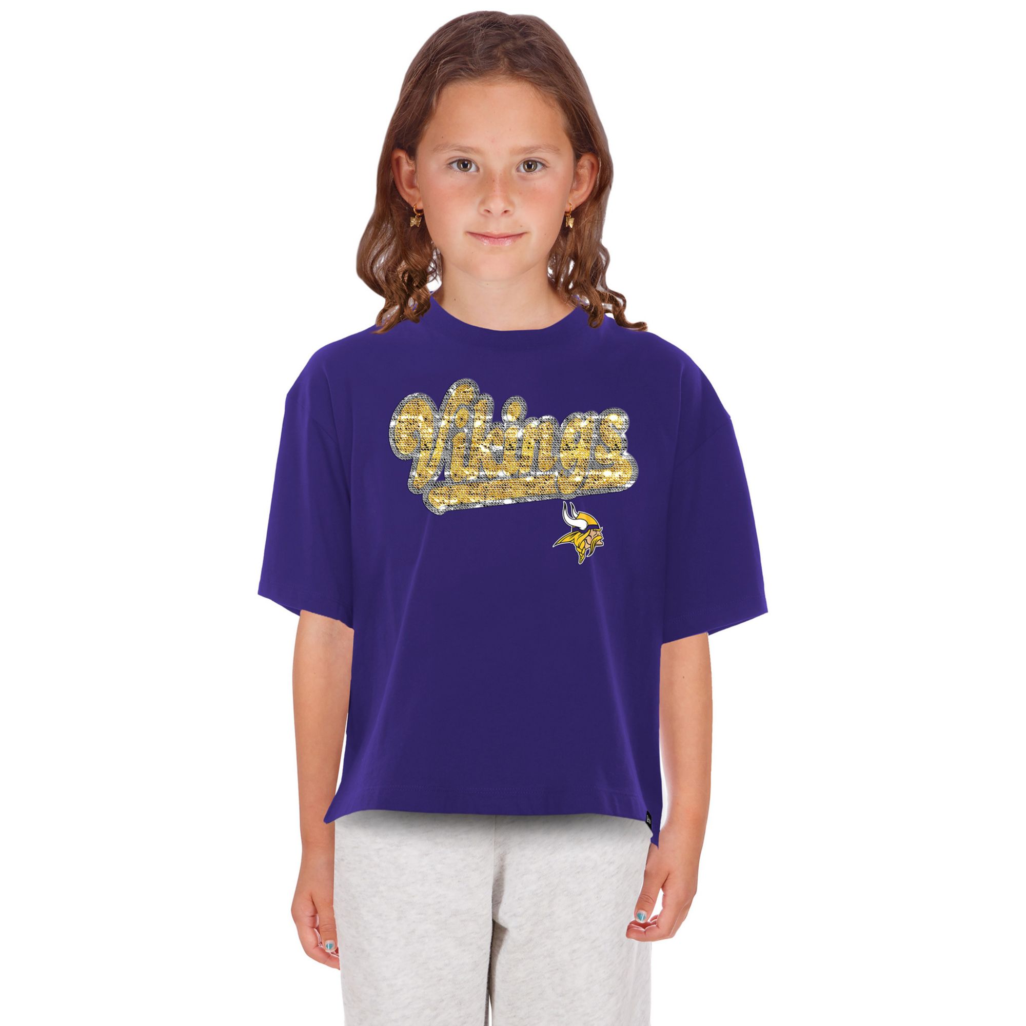 New Era Girls' Minnesota Vikings Purple Flip Sequin T-Shirt