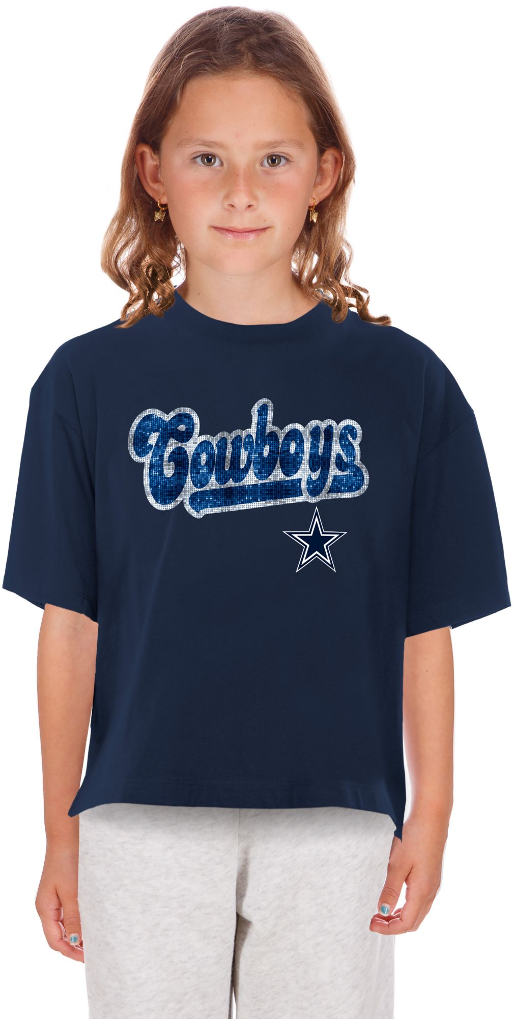 New Era Girls' Dallas Cowboys Navy Flip Sequin T-Shirt