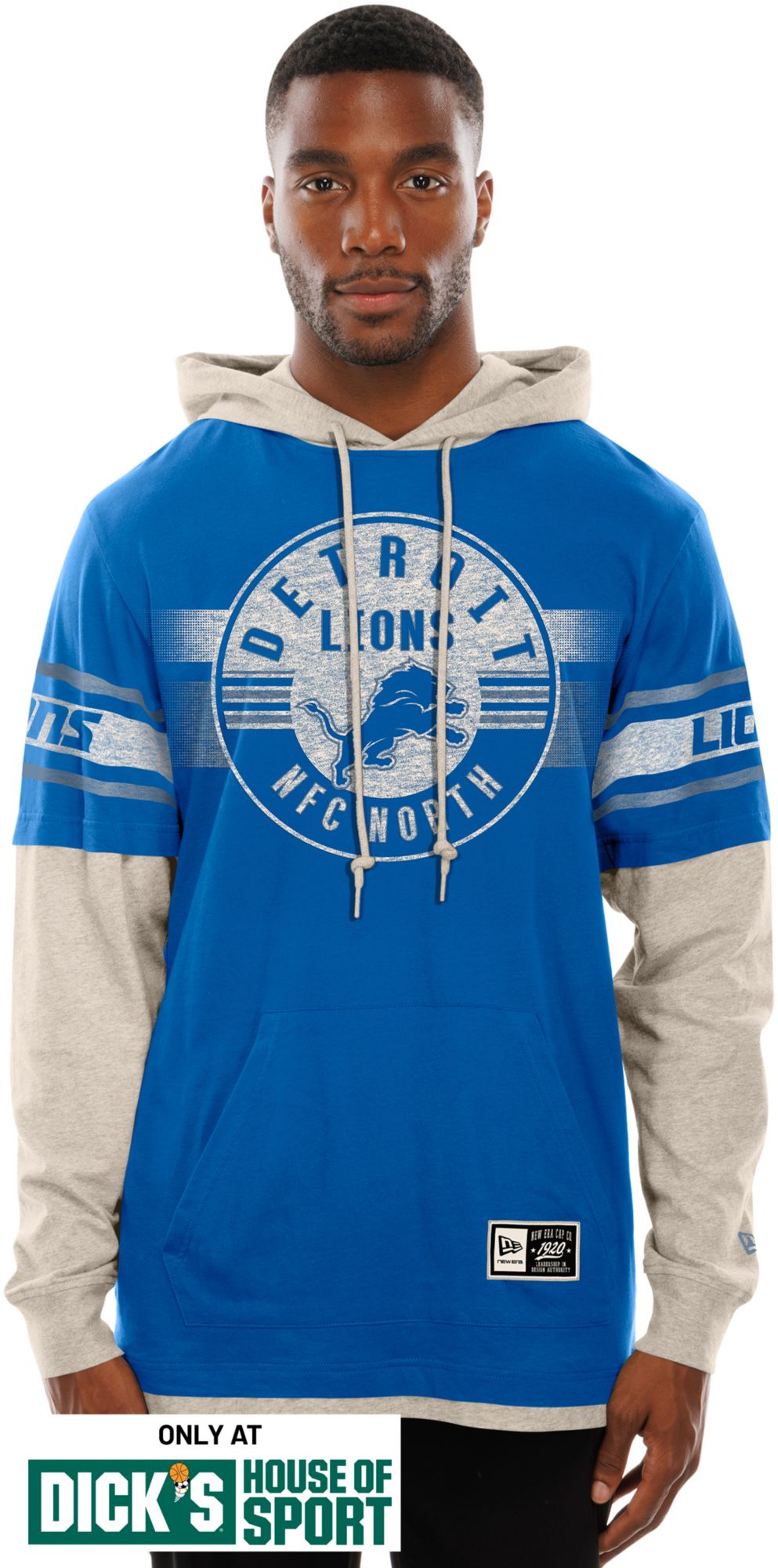 New Era Men's Detroit Lions Blue Hooded Long Sleeve Shirt