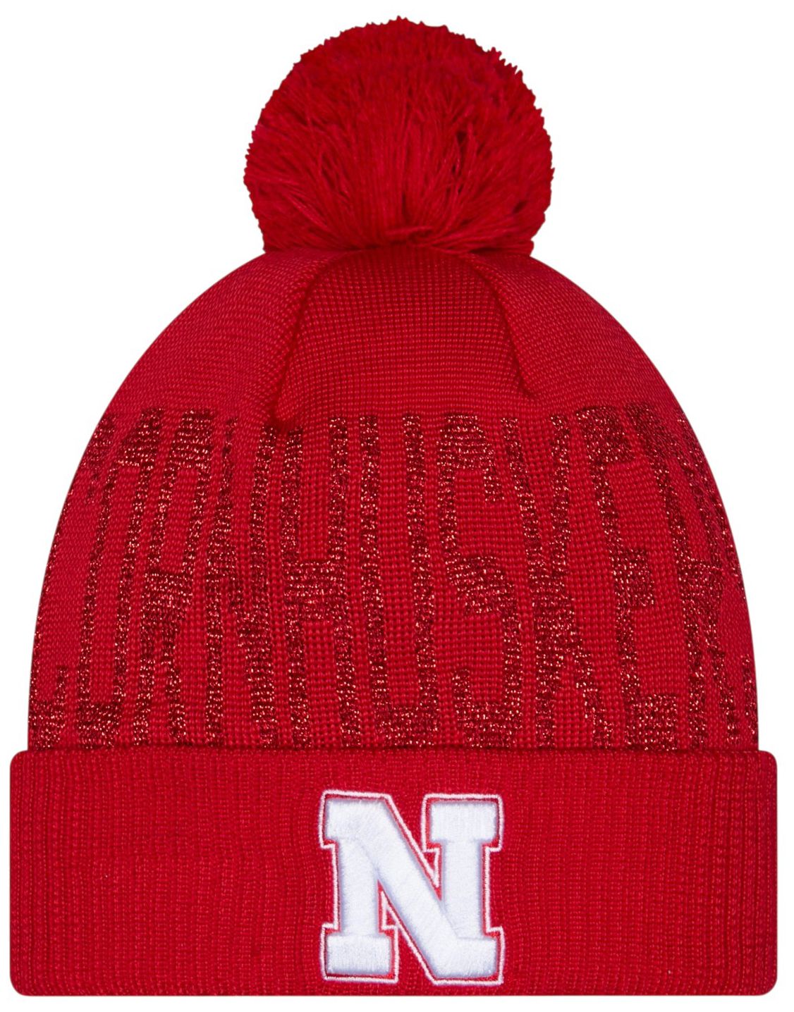 New Era Nebraska Shimmer Pom Knit Beanie, Women's, Red