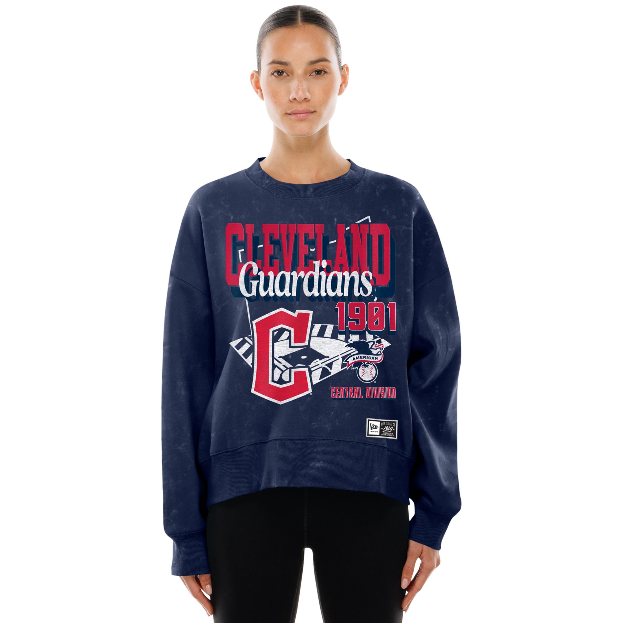 New Era Women's Cleveland Guardians Navy Enzyme Throwback Crewneck Sweatshirt