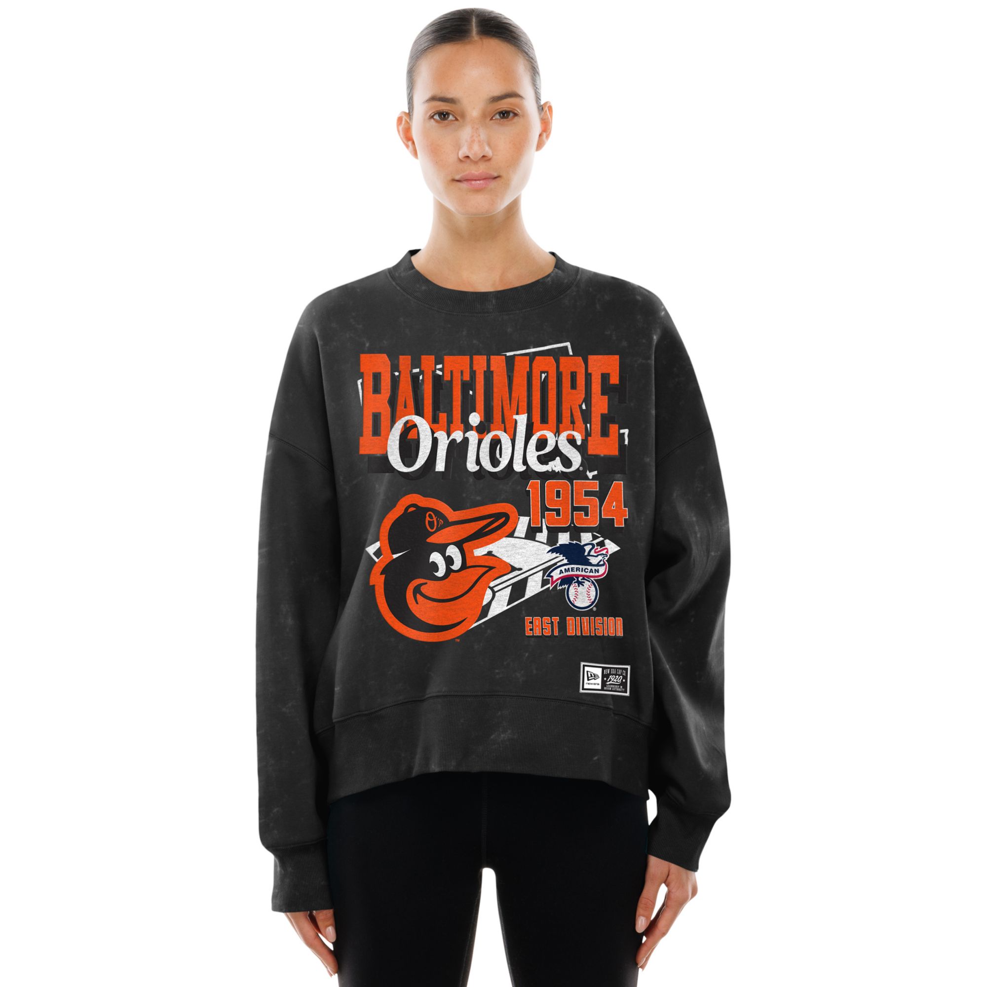 New Era Women's Baltimore Orioles Black Enzyme Throwback Crewneck Sweatshirt