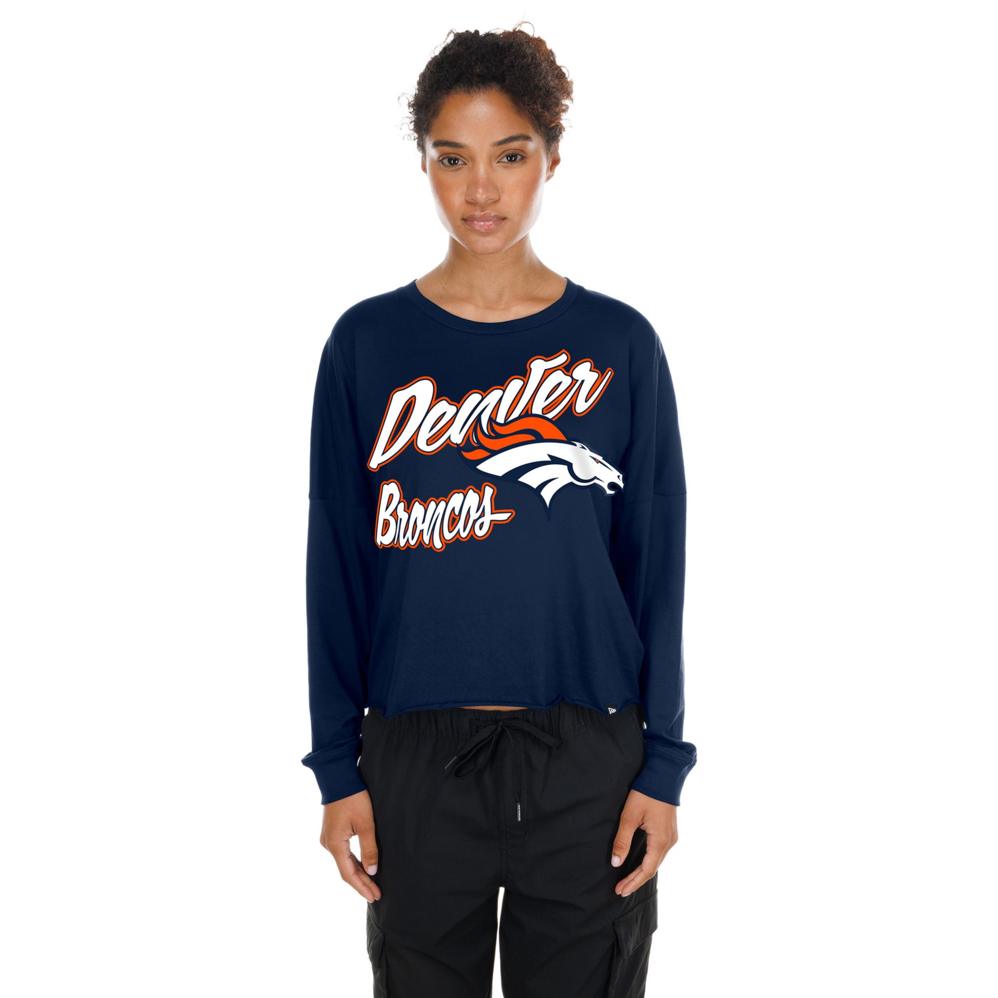 New Era Women's Denver Broncos Navy Fan Script Long Sleeve Shirt