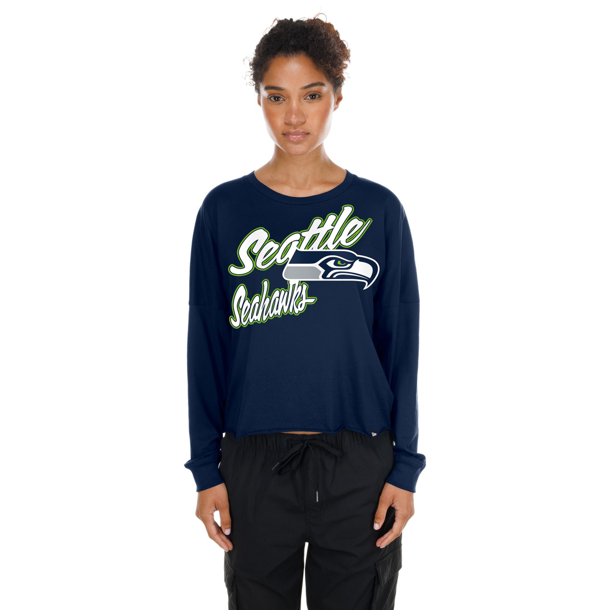 New Era Women's Seattle Seahawks Navy Fan Script Long Sleeve Shirt