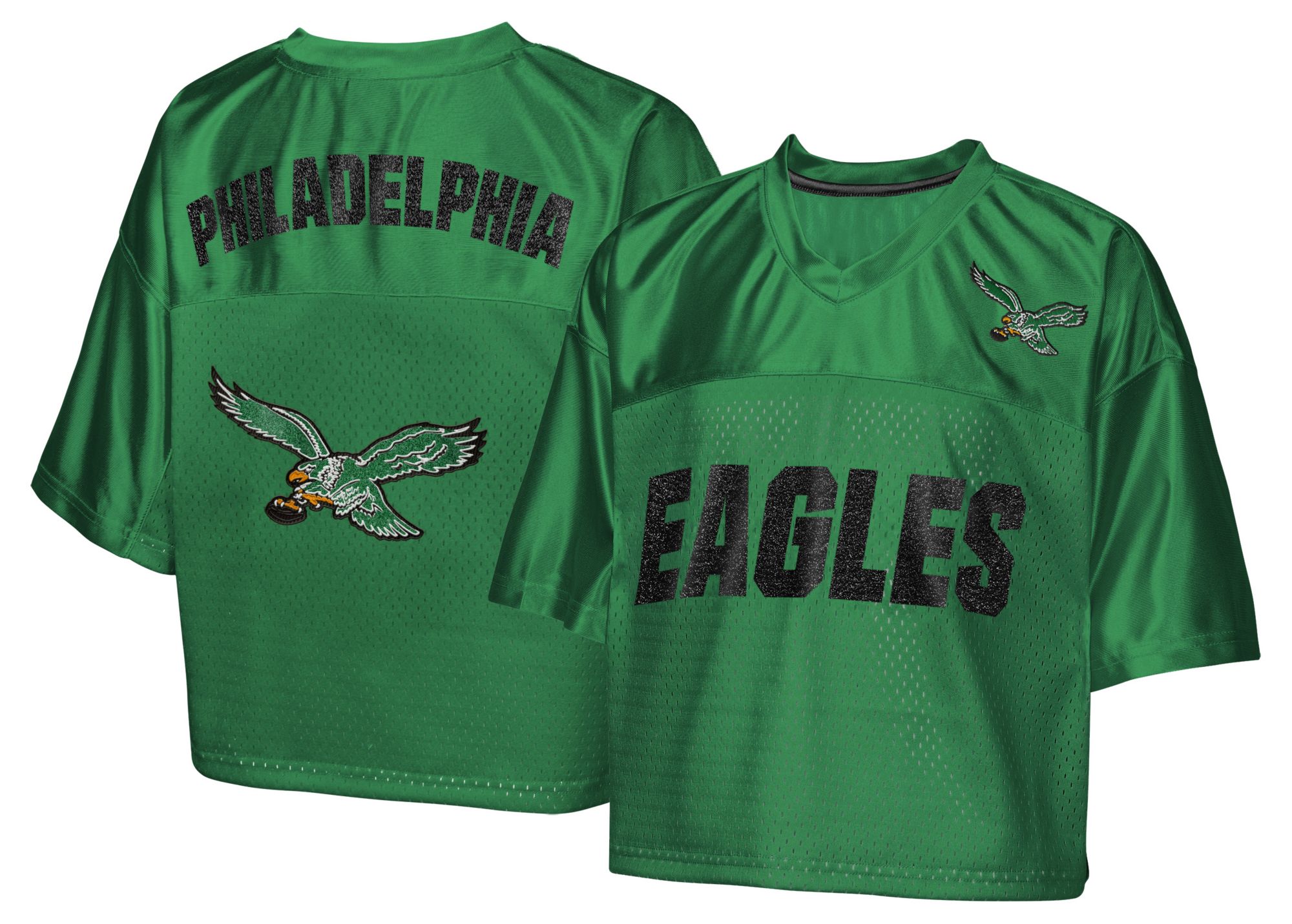 NFL Team Apparel Girls' Philadelphia Eagles Green Glitter Cropped Jersey