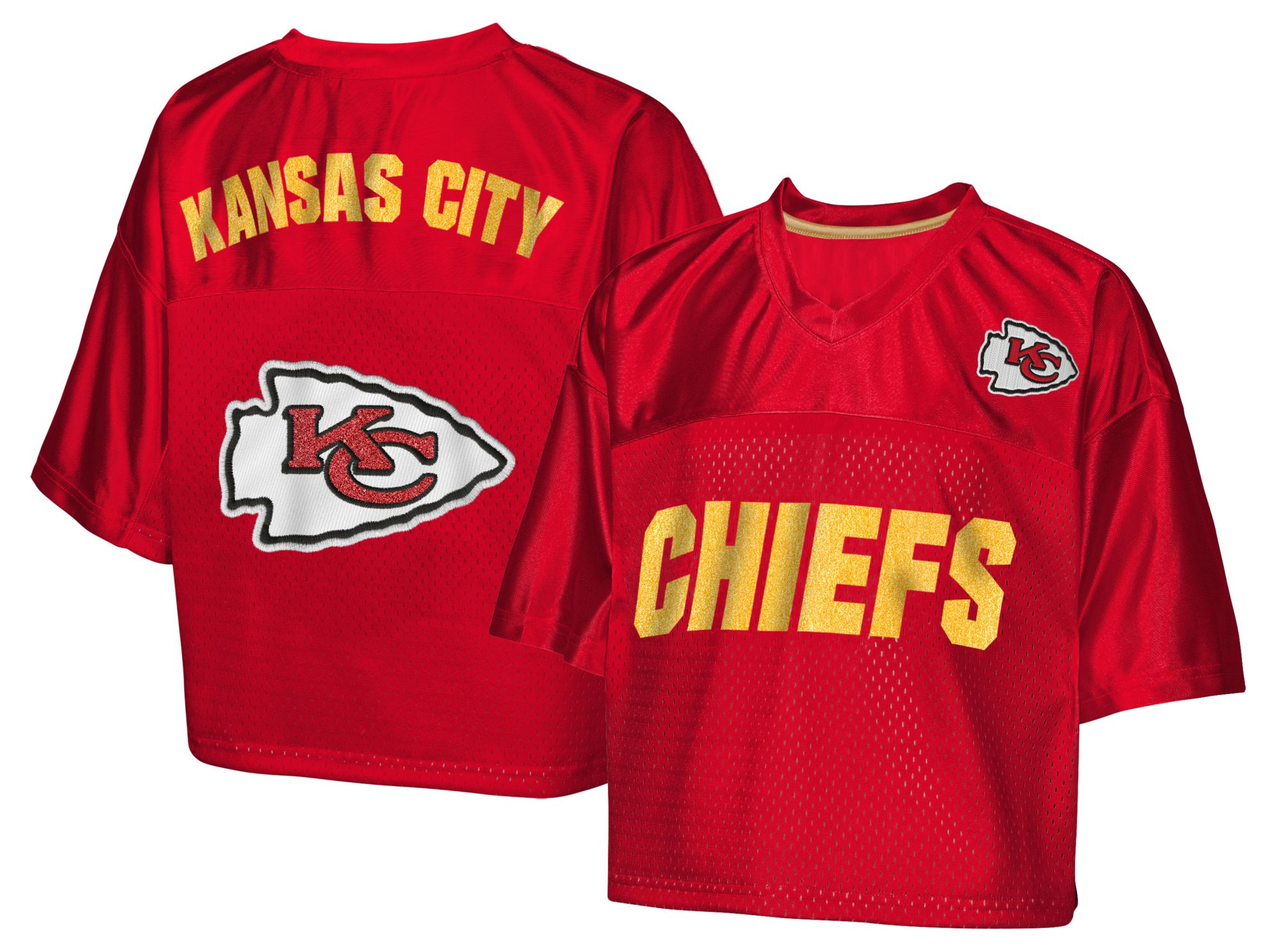 NFL Team Apparel Girls' Kansas City Chiefs Red Glitter Cropped Jersey