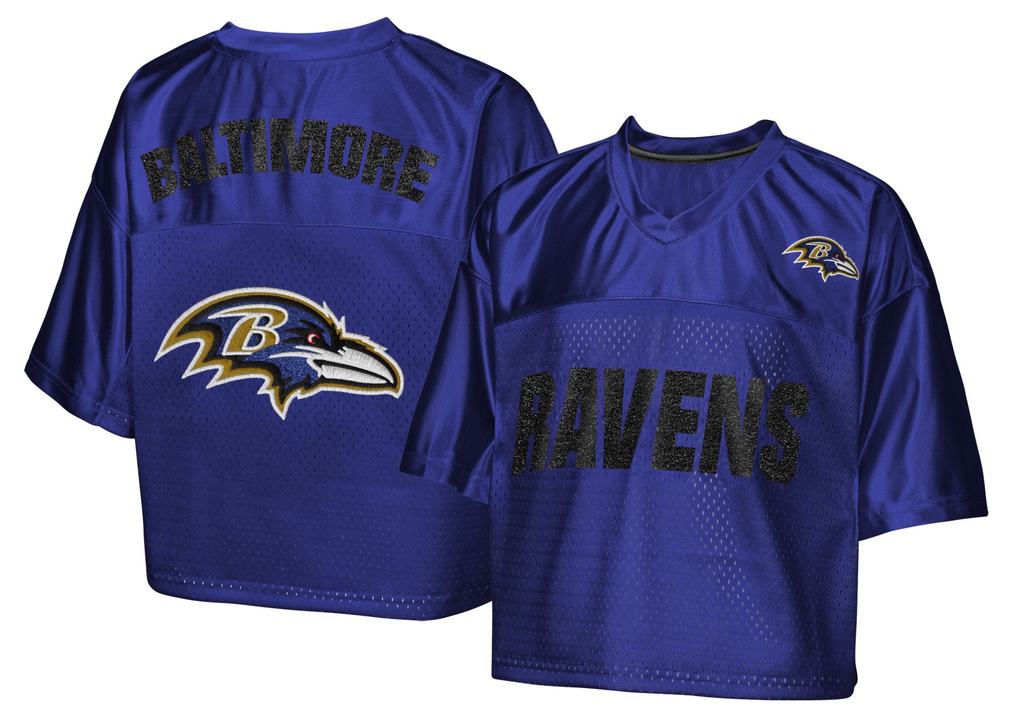 NFL Team Apparel Girls' Baltimore Ravens Purple Glitter Cropped Jersey