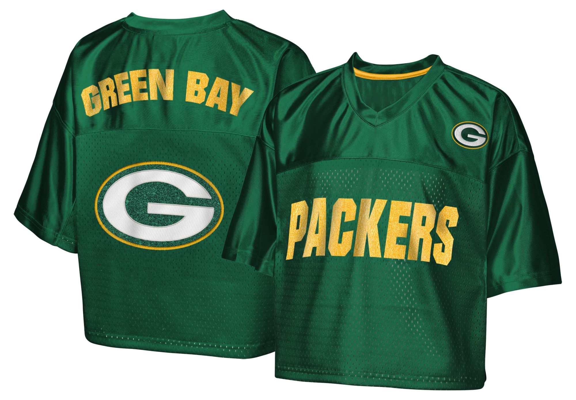 NFL Team Apparel Girls' Green Bay Packers Green Glitter Cropped Jersey