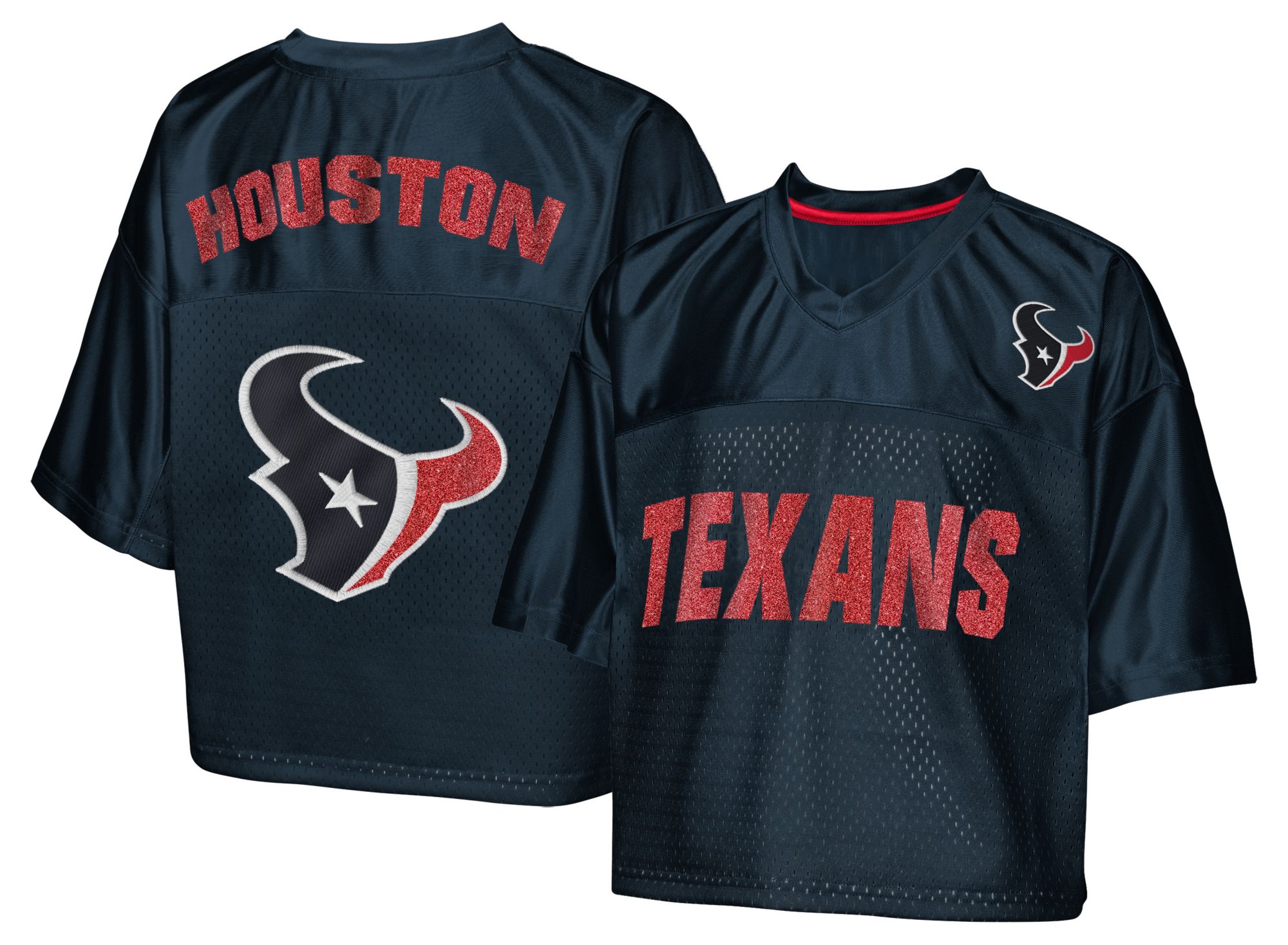 NFL Team Apparel Girls' Houston Texans Navy Glitter Cropped Jersey