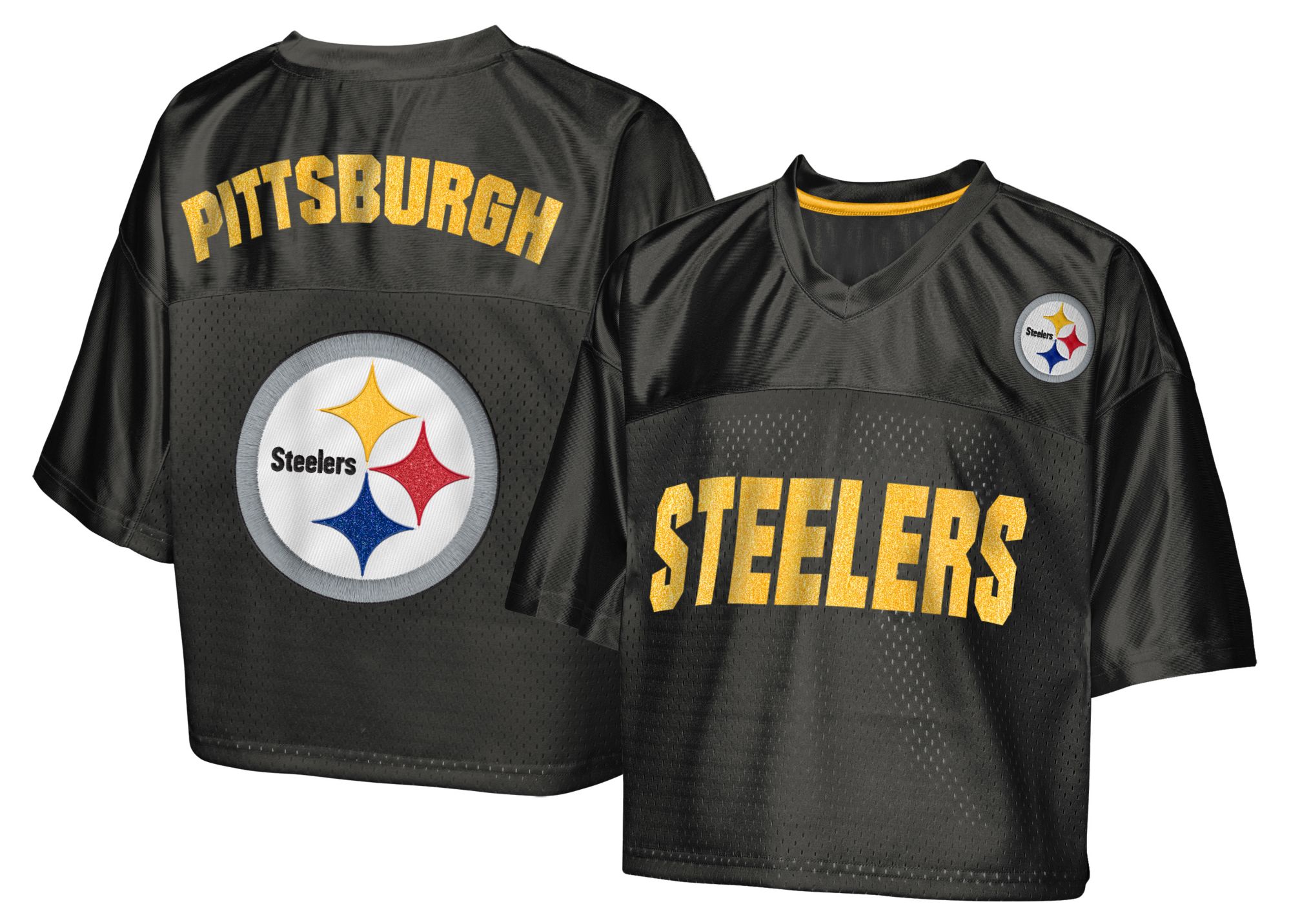 NFL Team Apparel Girls' Pittsburgh Steelers Black Glitter Cropped Jersey