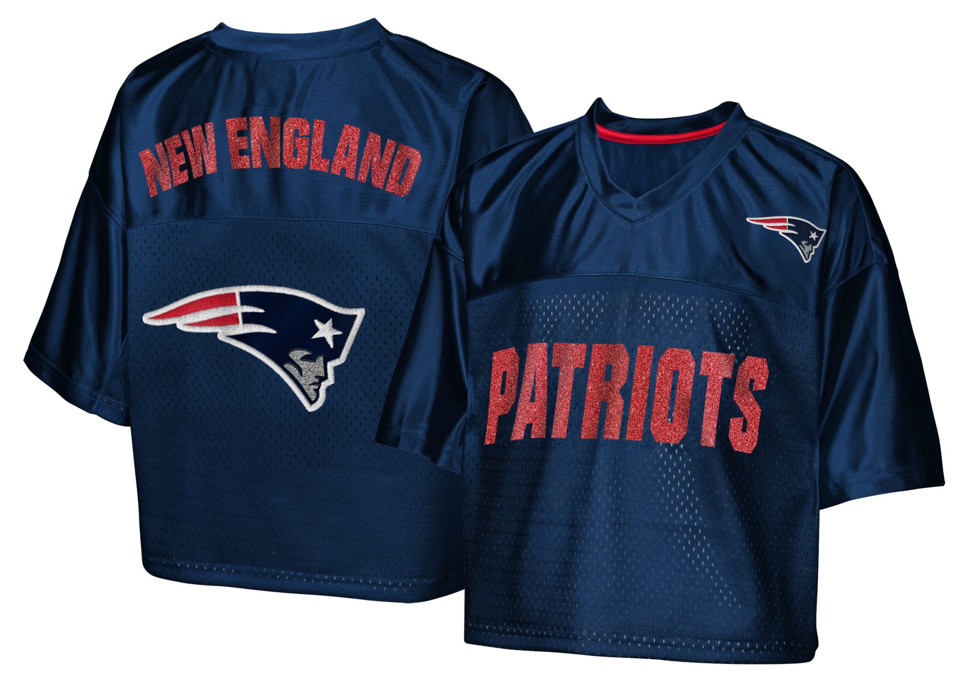 NFL Team Apparel Girls' New England Patriots Navy Glitter Cropped Jersey