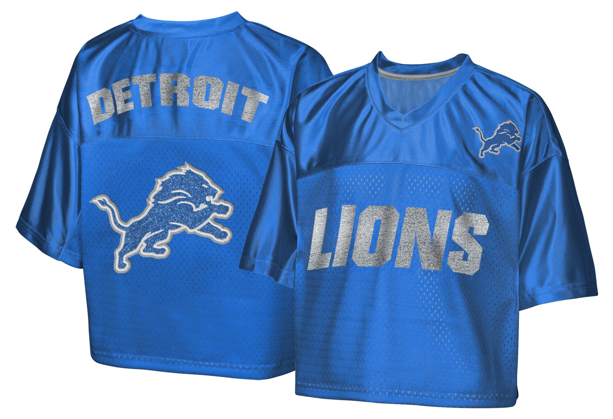 NFL Team Apparel Girls' Detroit Lions Blue Glitter Cropped Jersey