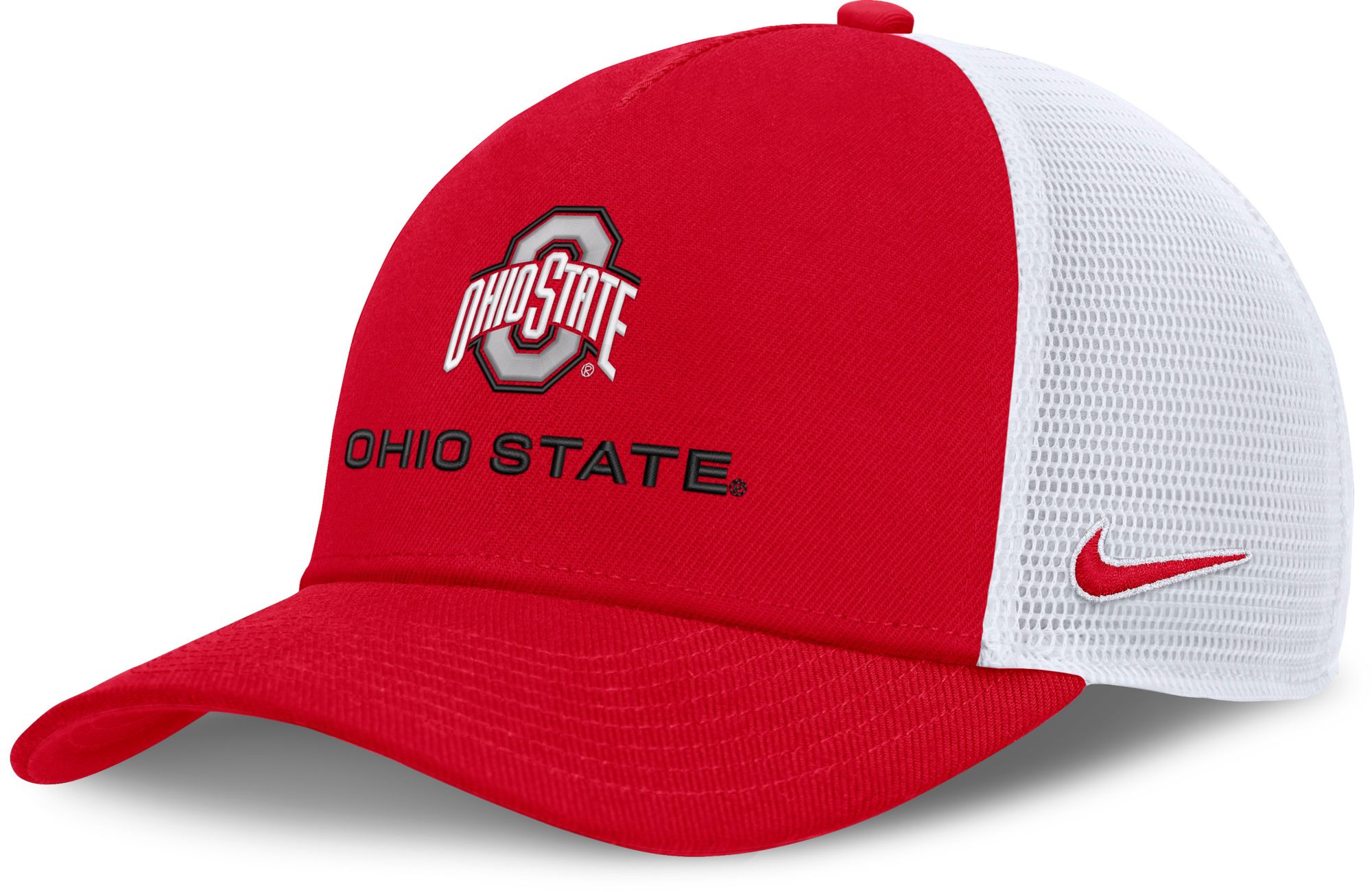 Nike Adult Ohio State Buckeyes Red and White Rise Game Day 5 Panel Structured Trucker Hat