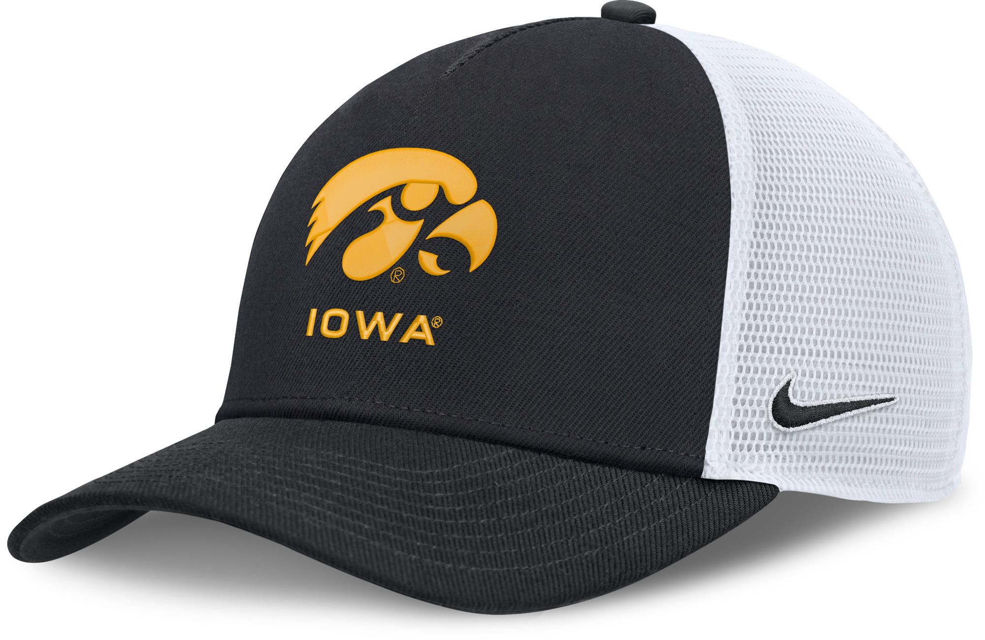 Nike Adult Iowa Hawkeyes Black and White Rise Game Day 5 Panel Structured Trucker Hat