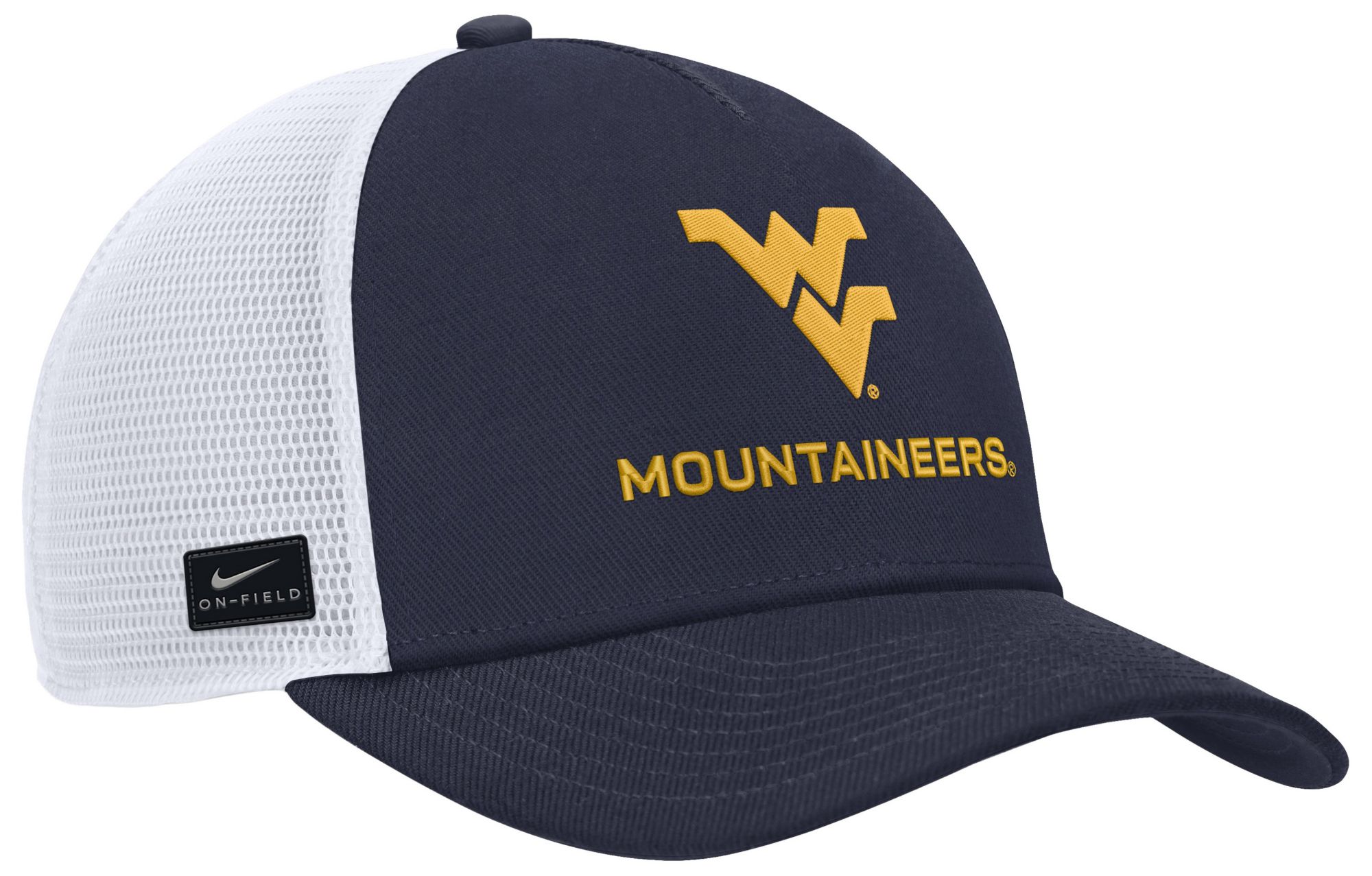 Nike Adult West Virginia Mountaineers Navy and White Rise Game Day 5 Panel Structured Trucker Hat