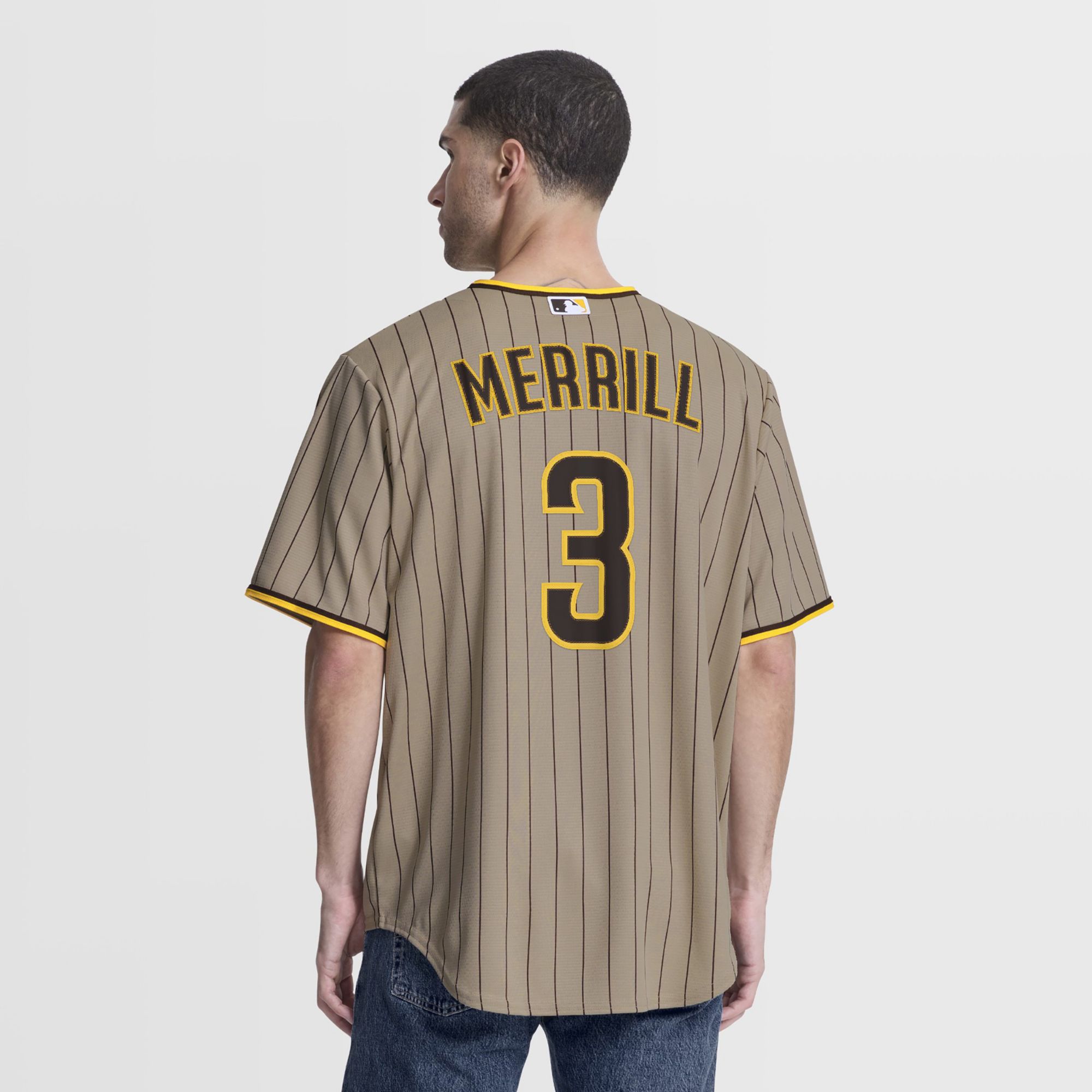Nike Men's San Diego Padres Khaki Jackson Merrill #3 Alternate Replica Jersey