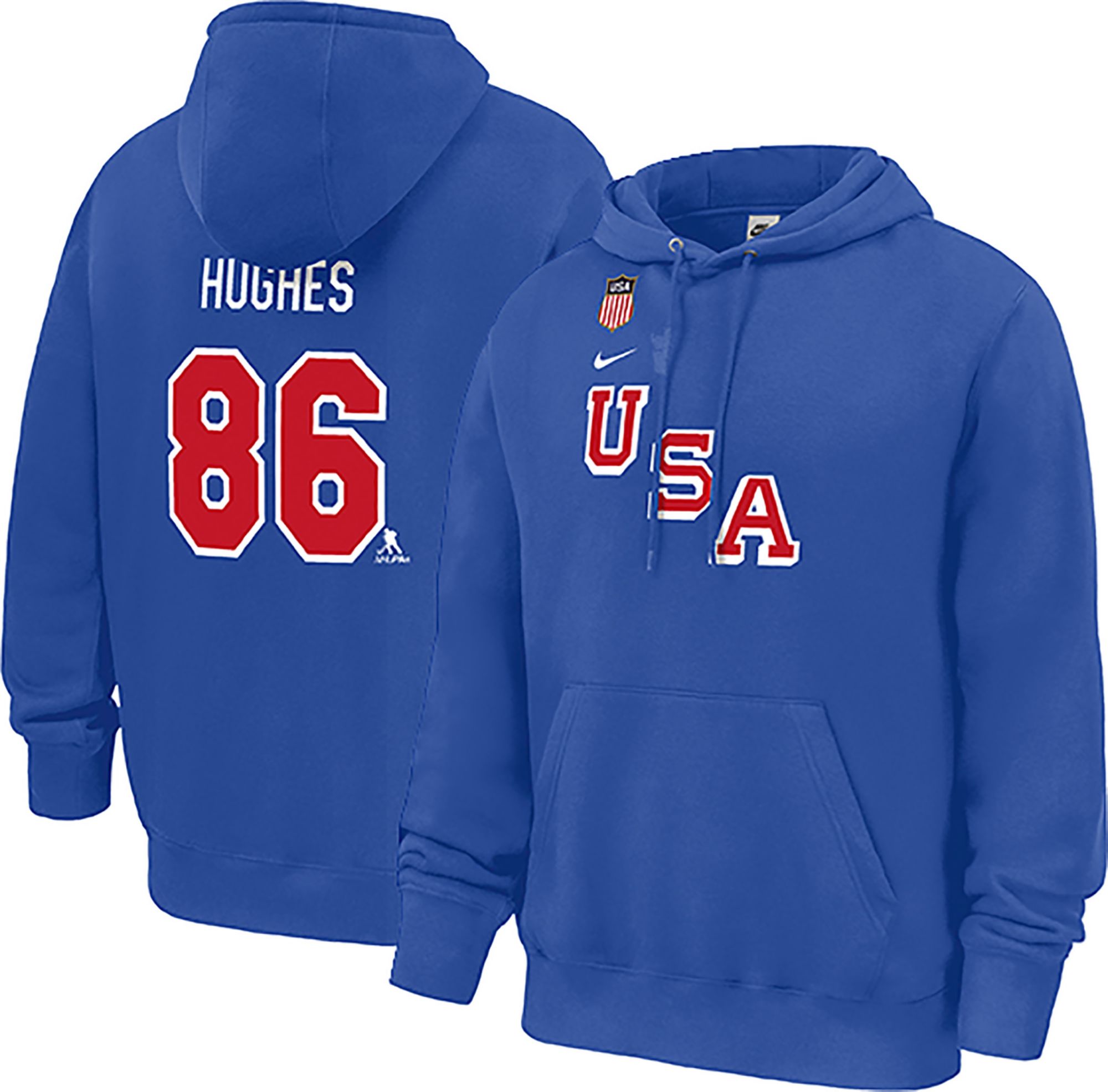 Nike Men's Olympics USA Hockey Royal Jack Hughes #86 Pullover Hoodie