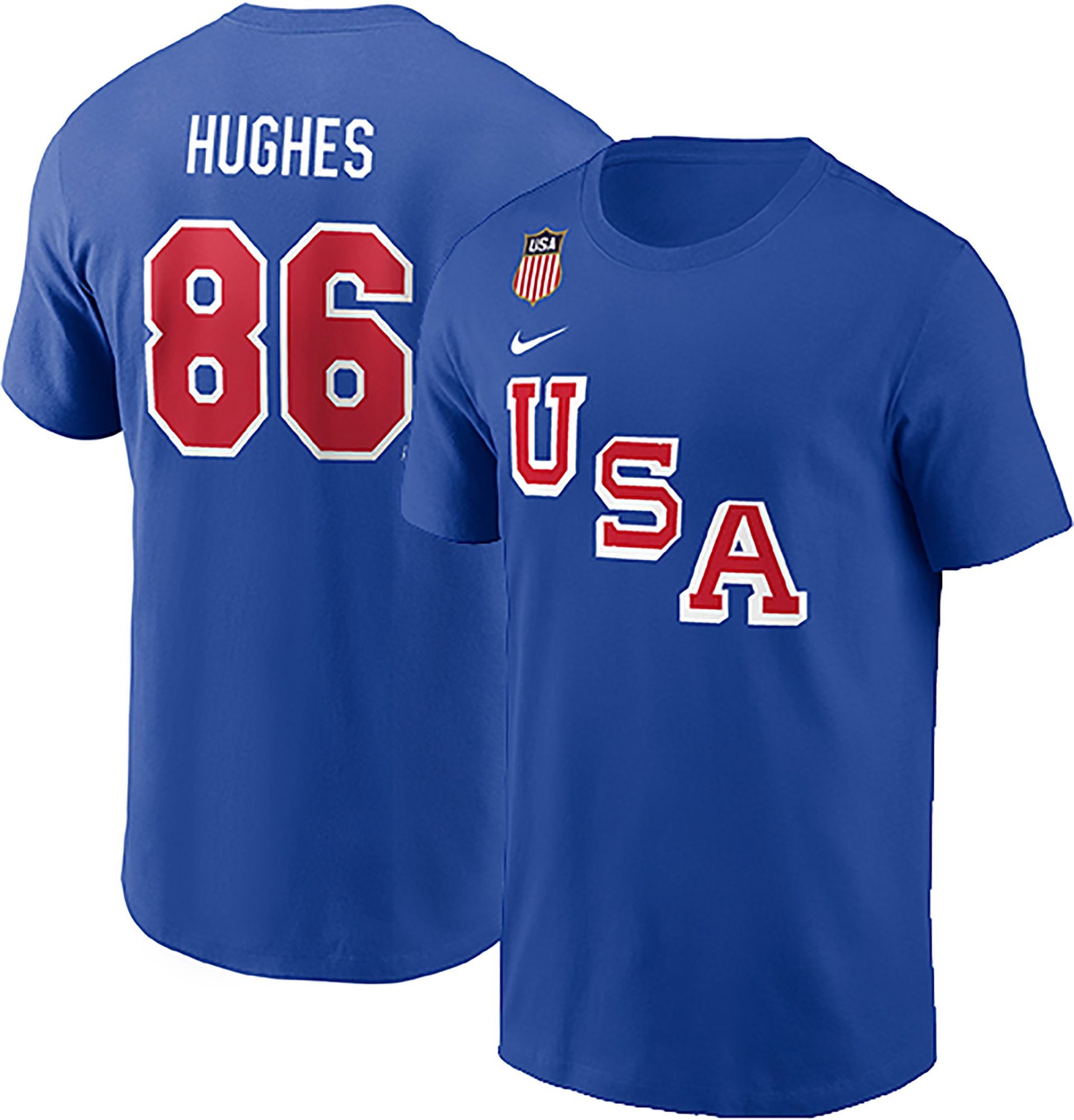 Nike Men's Olympics USA Hockey Royal Jack Hughes #86 T-Shirt