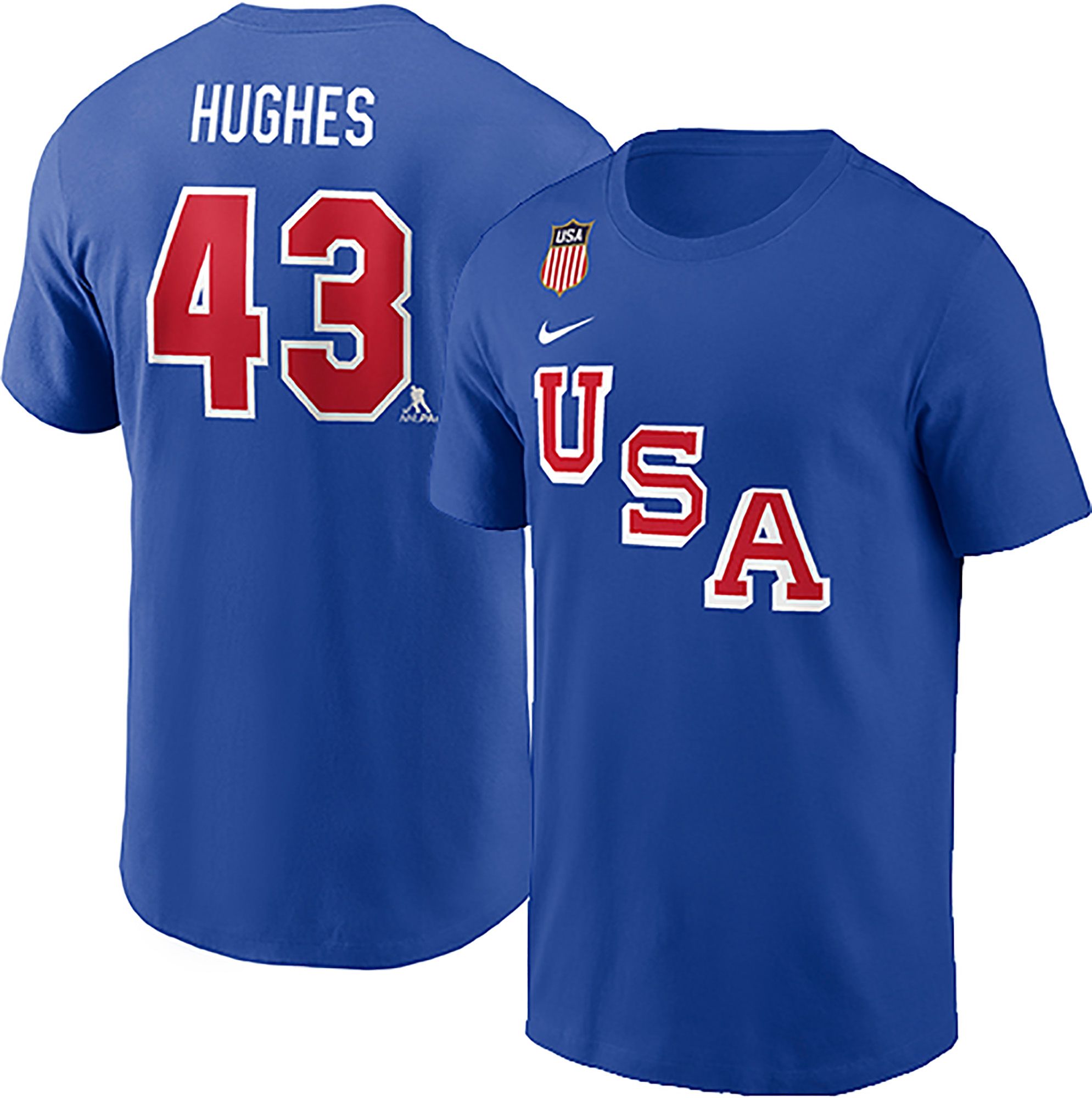 Nike Men's Olympics USA Hockey Royal Quinn Hughes #86 T-Shirt
