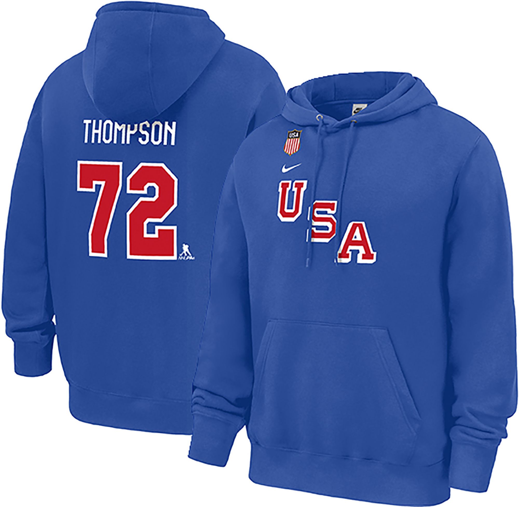 Nike Men's Olympics USA Hockey Royal Tage Thompson #72 Pullover Hoodie