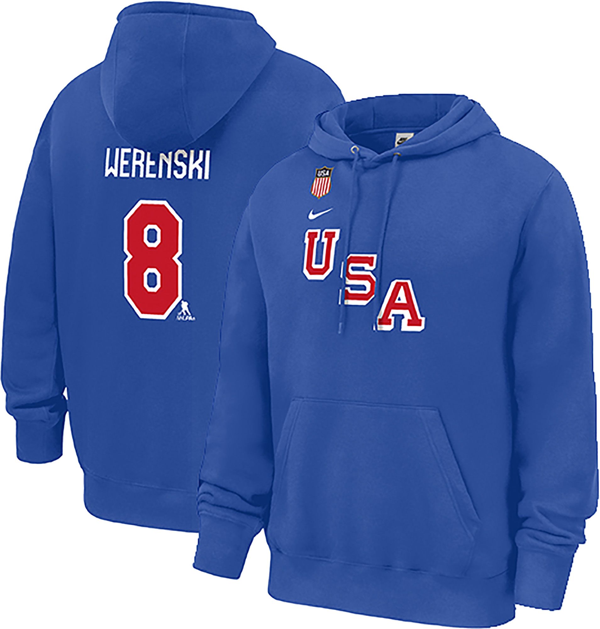 Nike Men's Olympics USA Hockey Royal Zach Werenski #8 Pullover Hoodie
