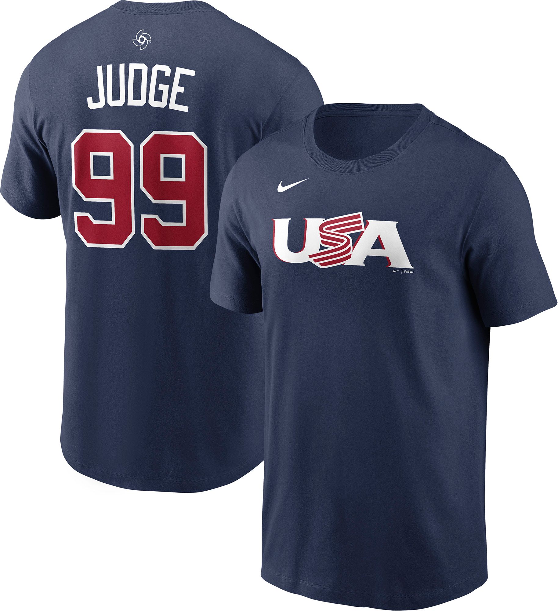 Nike Men's World Baseball Classic 2026 USA Navy Aaron Judge #99 Name and Number T-Shirt