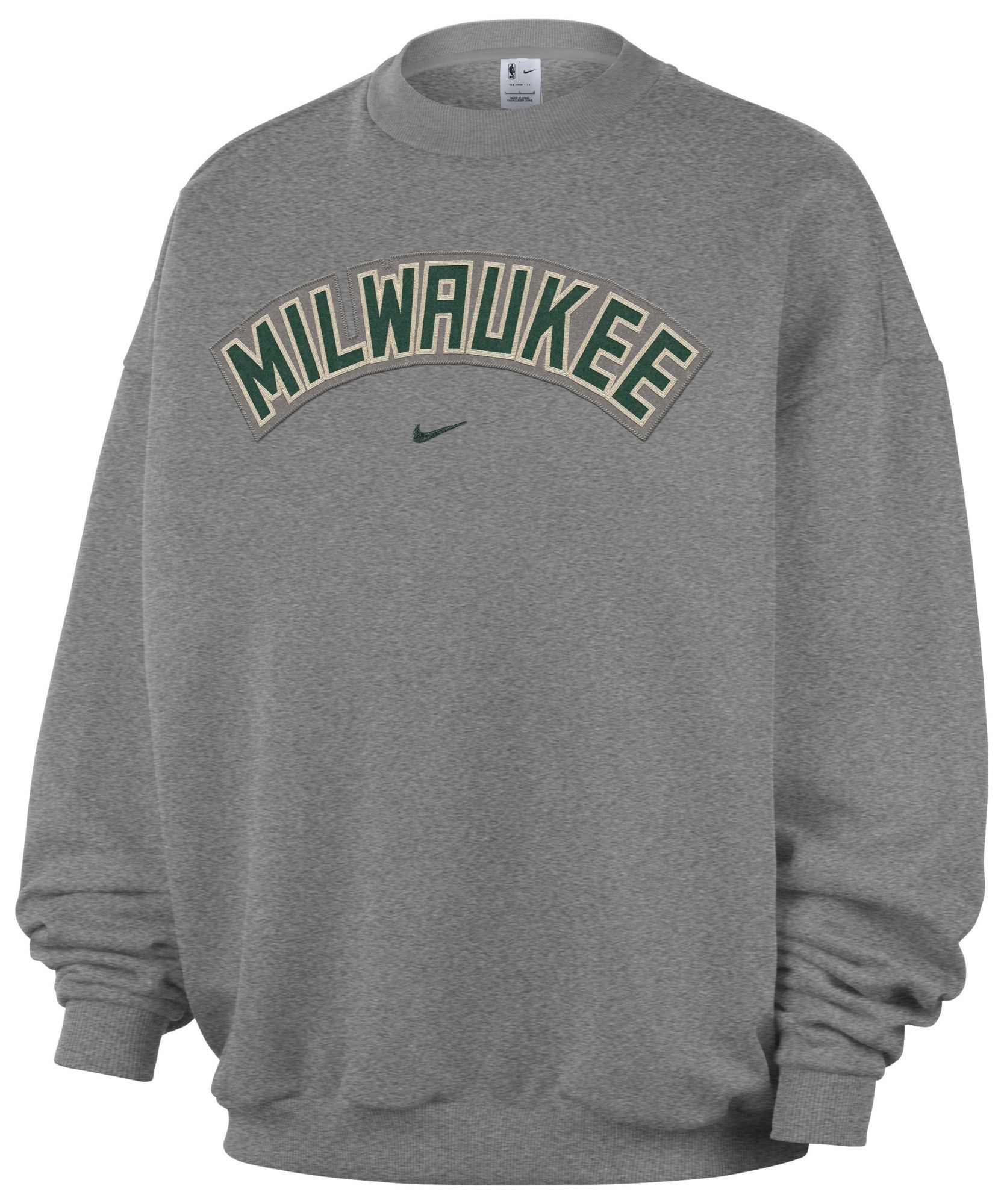 Nike Adult Milwaukee Bucks Worn With Obsession Standard Issue Wordmark Grey Crew Sweatshirt, Men's, Medium, Gray