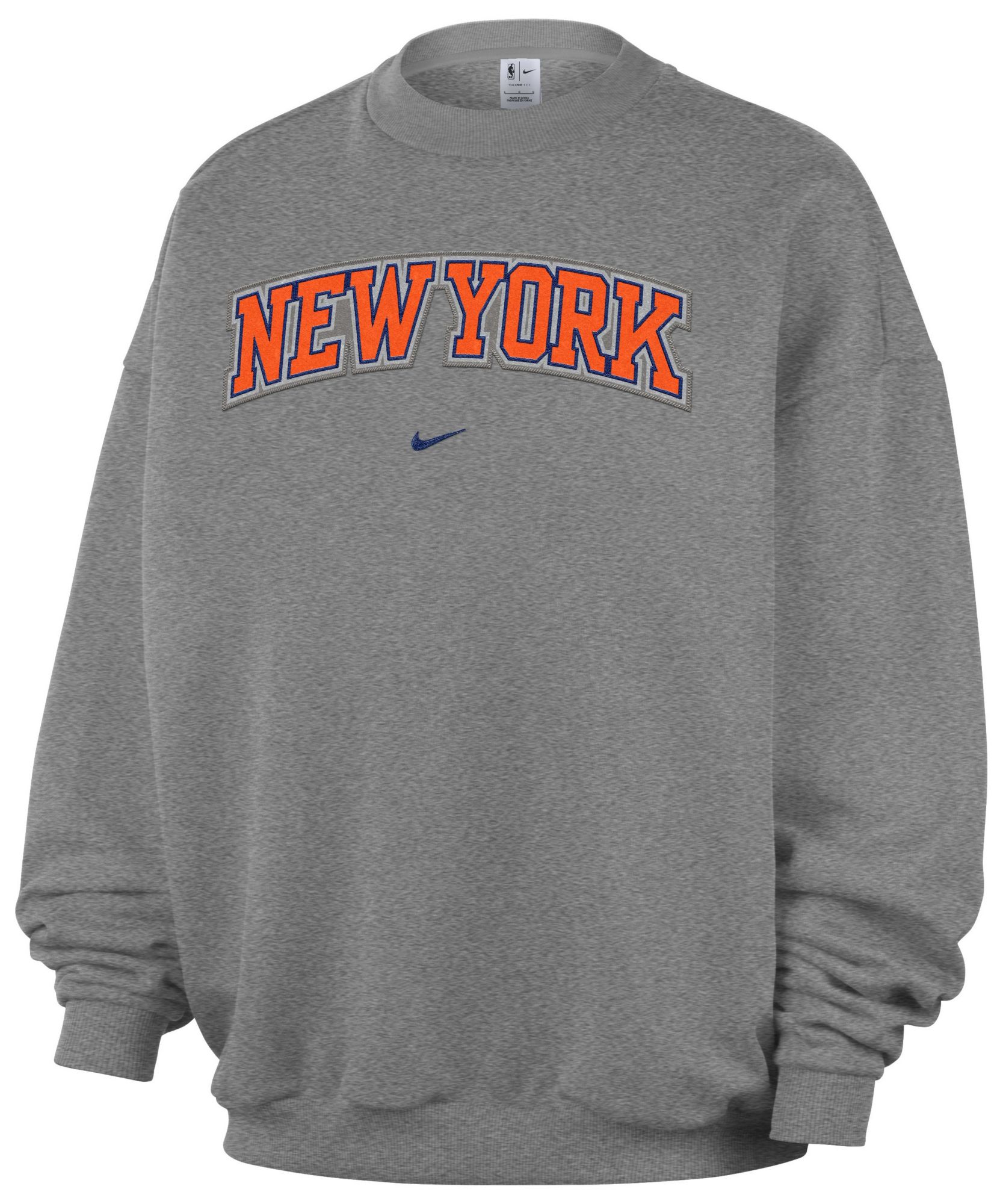 Nike Adult New York Knicks Worn With Obsession Standard Issue Wordmark Grey Crew Sweatshirt, Men's, XL, Gray