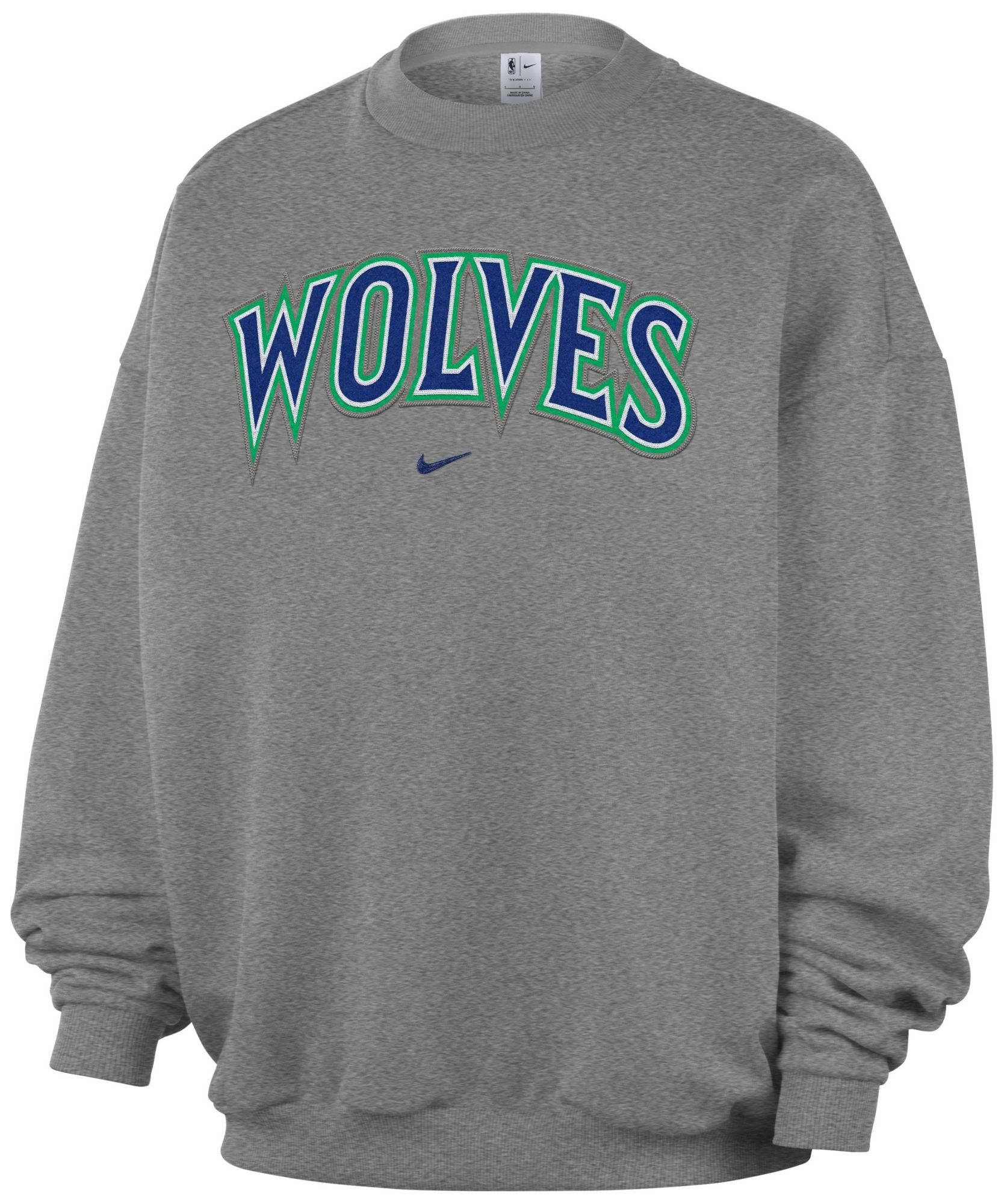 Nike Adult Minnesota Timberwolves Worn With Obsession Standard Issue Wordmark Grey Crew Sweatshirt, Men's, XXL, Gray