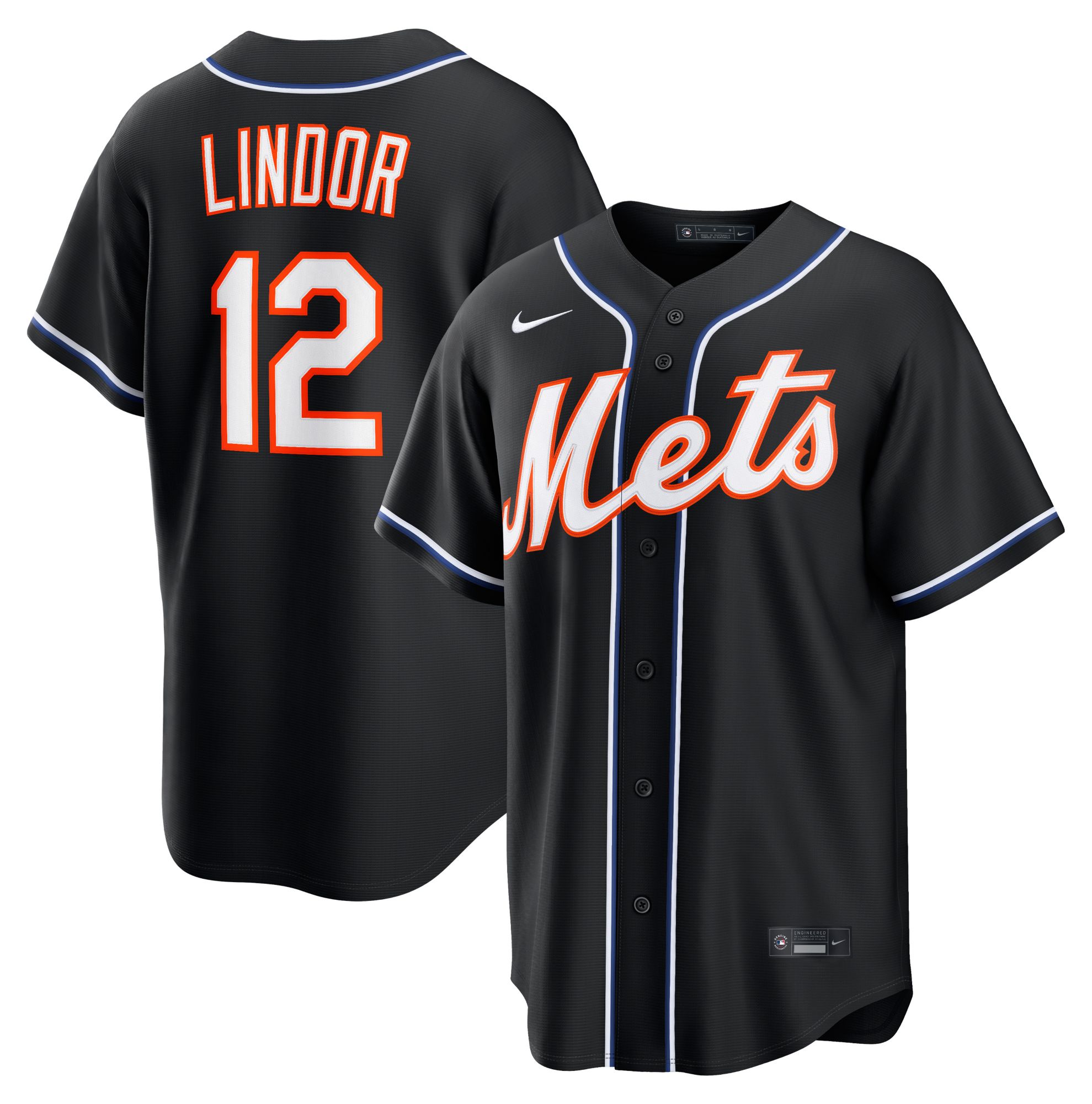 Nike Men's New York Mets Black Francisco Lindor #12 Carbon Replica Jersey