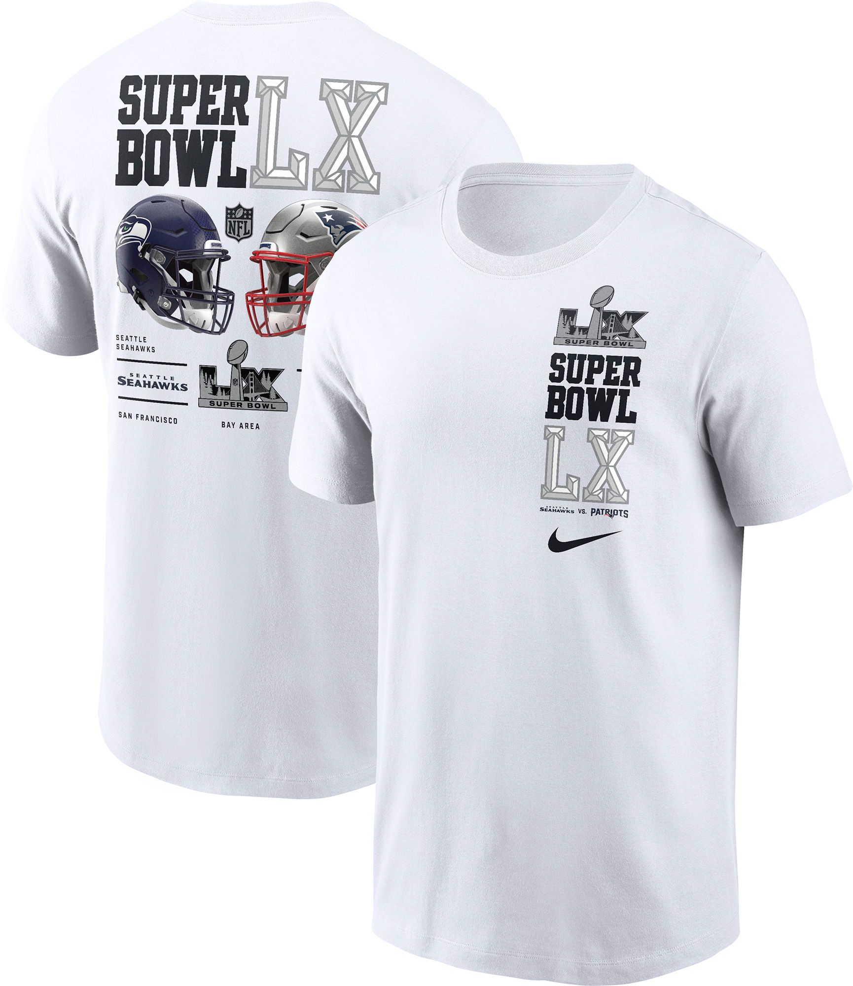Nike Men's 2025-26 Super Bowl LX Bound New England Patriots Vs. Seattle Seahawks Dueling Helmets T-Shirt