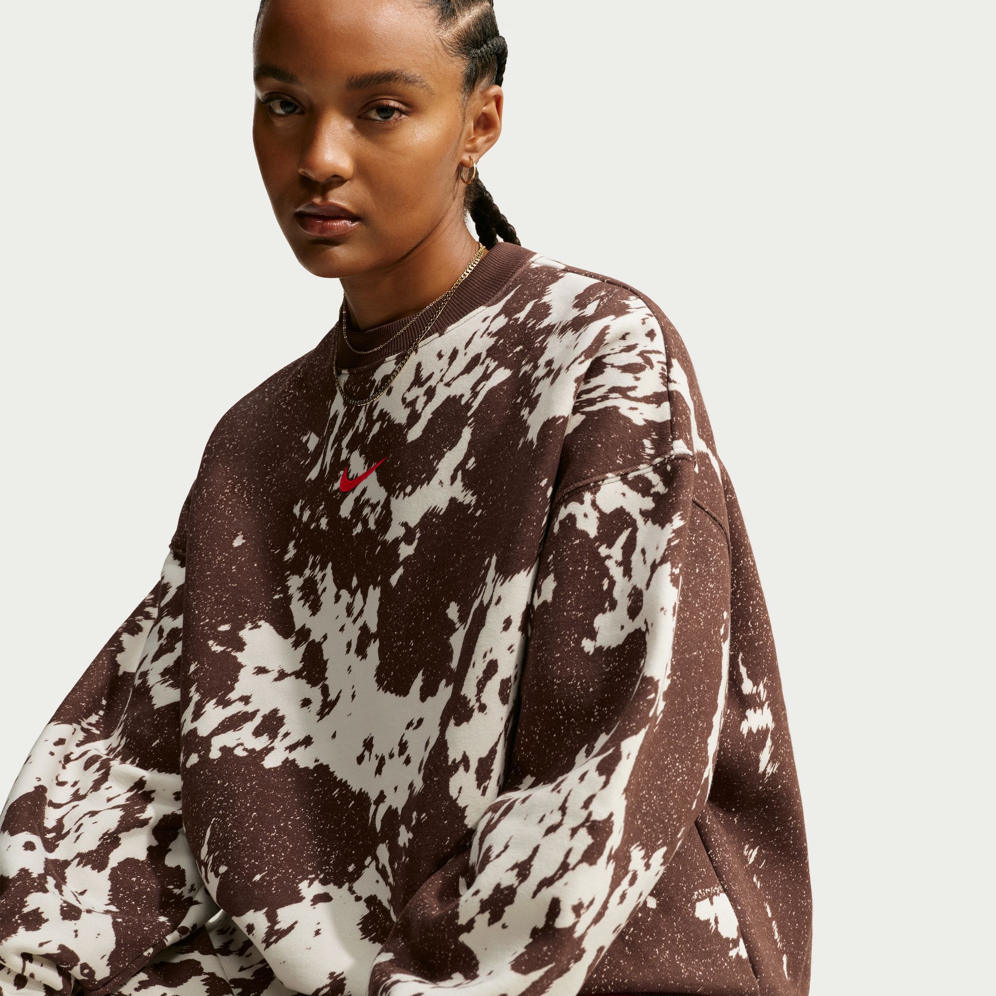 Nike Women's Studio Fleece Medium Weight Oversized Cow Print Crew