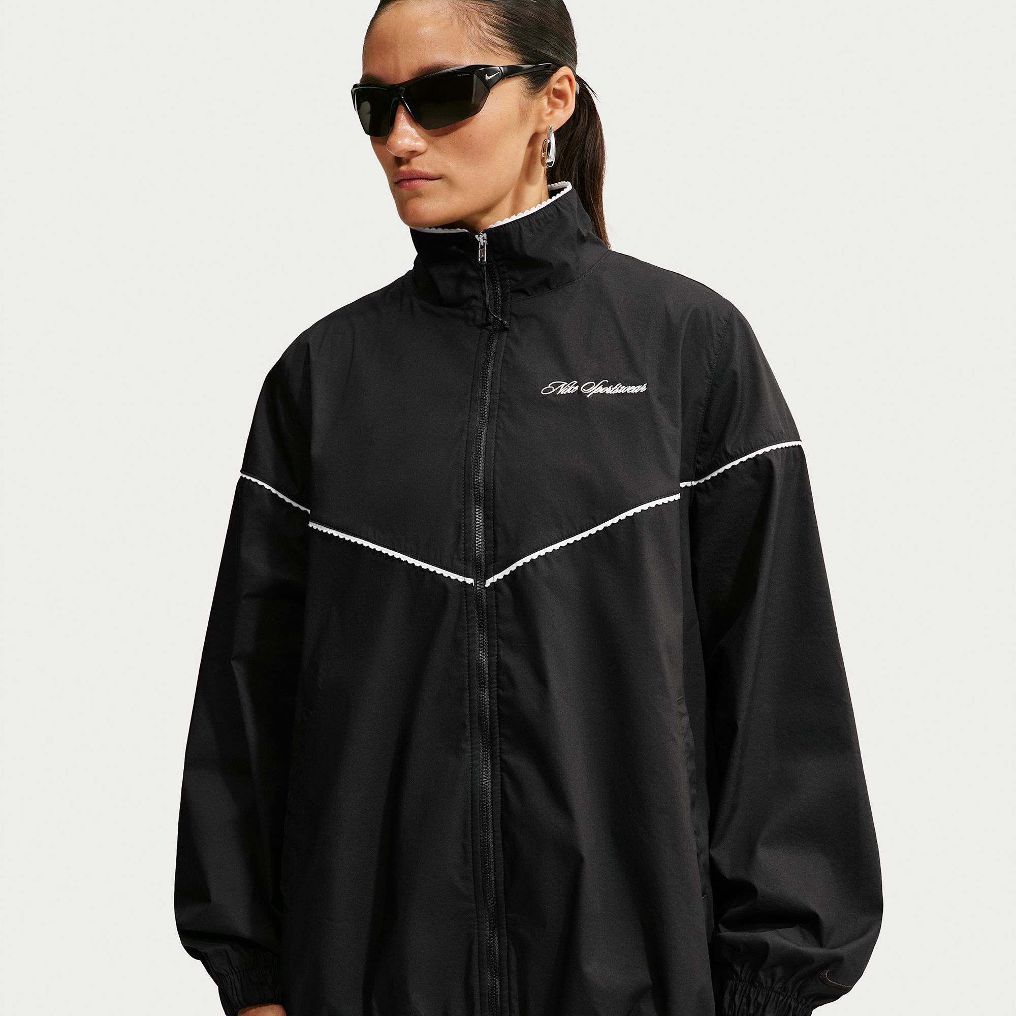 Nike Women's Sportswear Oversized Scalloped-Trim Poplin Track Jacket