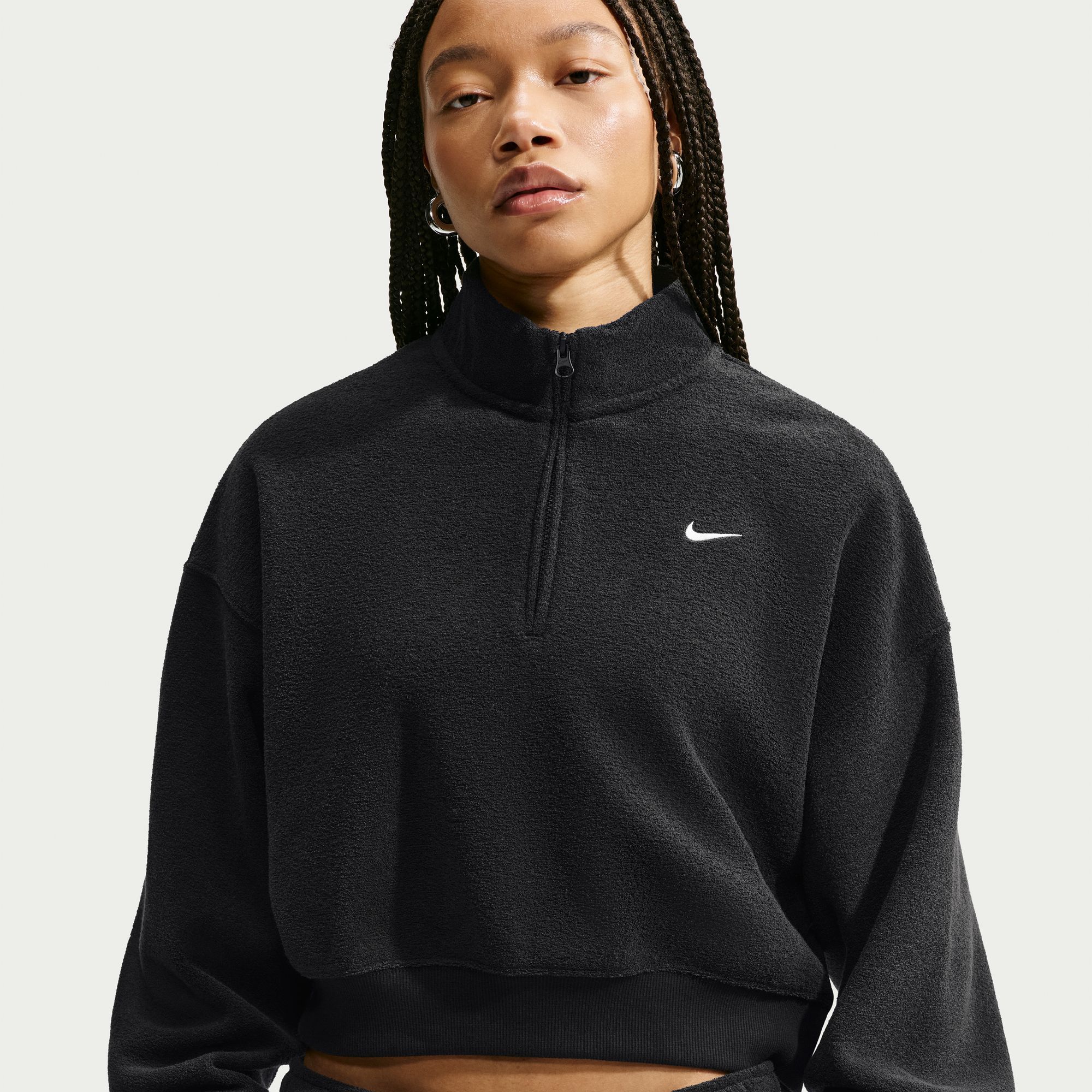 Nike Women's Studio Fleece Medium Weight Plush Oversized 1/4-Zip Cropped Top