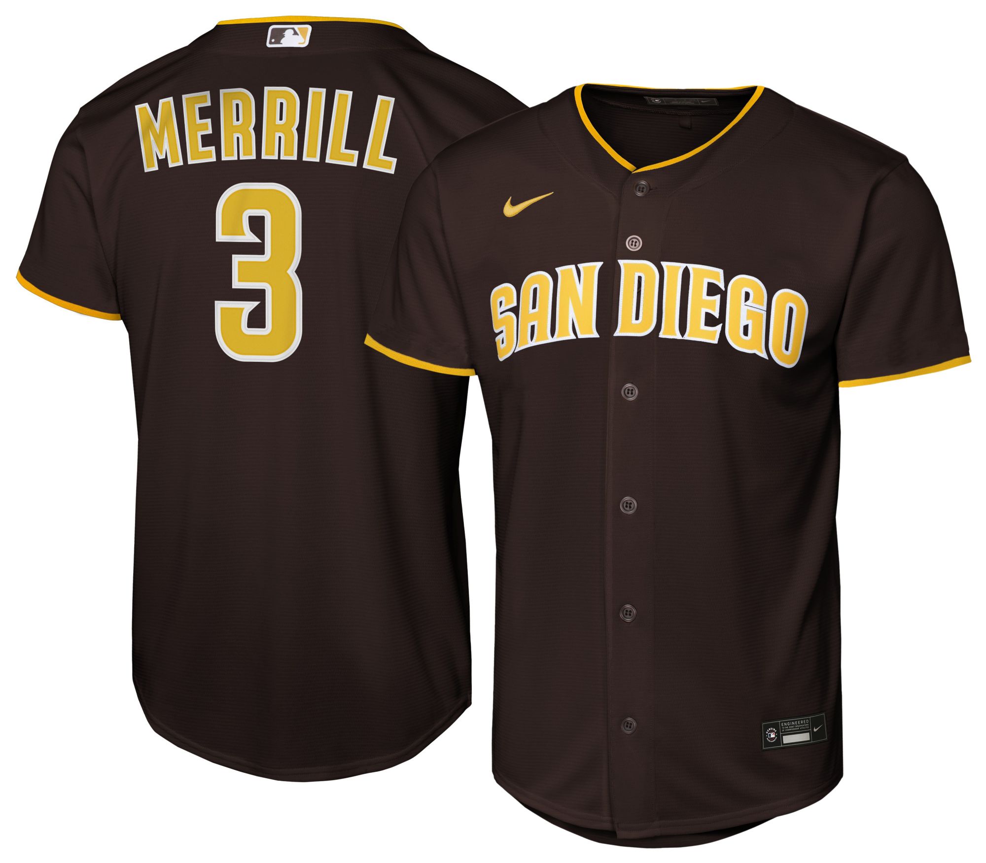 Nike Youth San Diego Padres Brown Jackson Merrill #3 Baseline Road Jersey