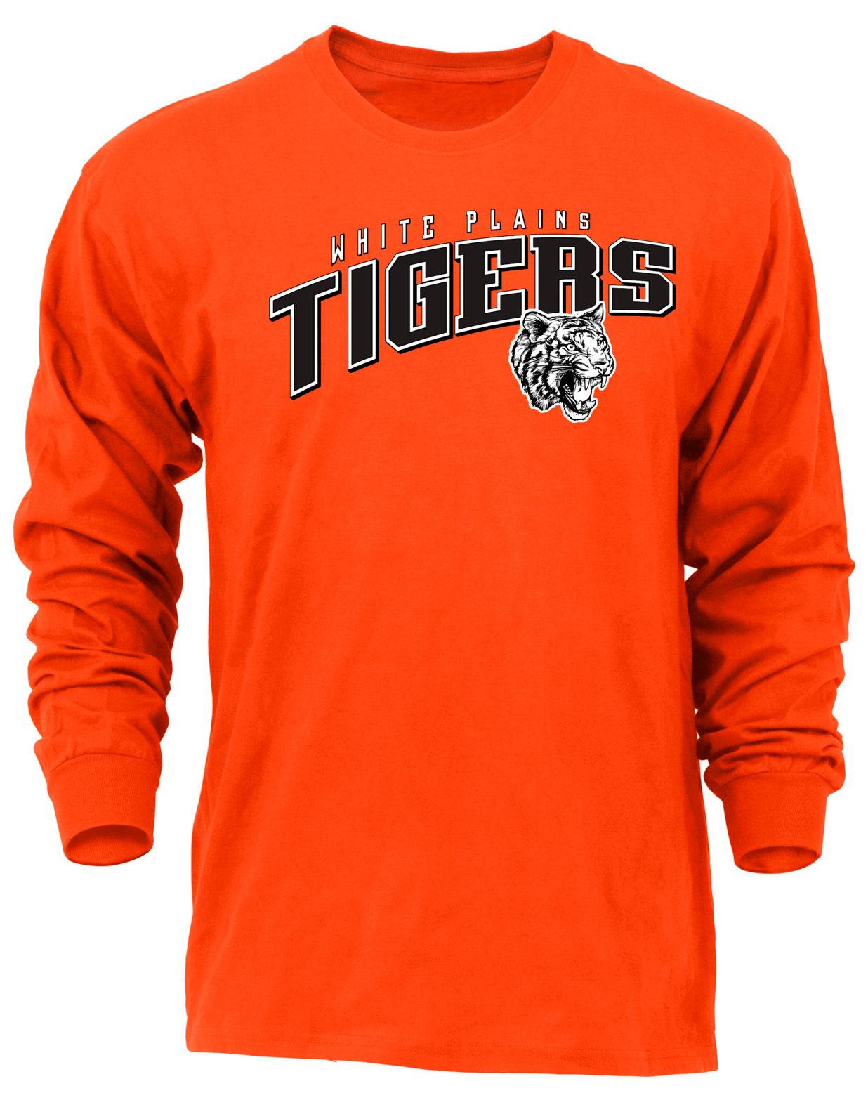 Ohiopyle Prints Adult White Plains High School Orange Flyball Long Sleeve Shirt