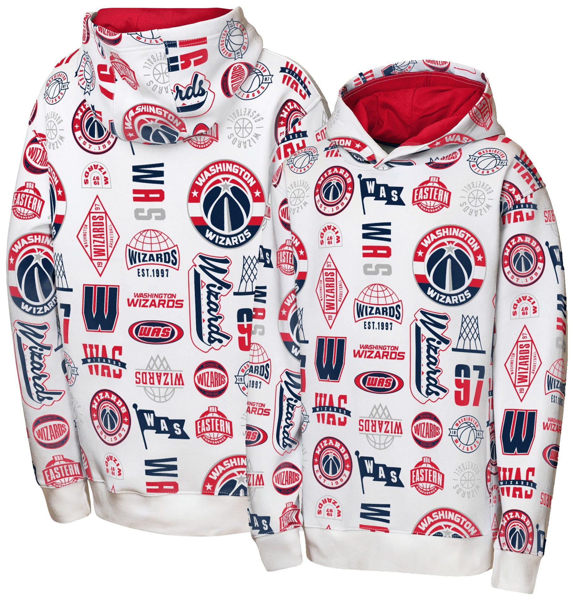 NBA Team Apparel Youth Washington Wizards 3 and D All Over Print Hoodie, Small, White