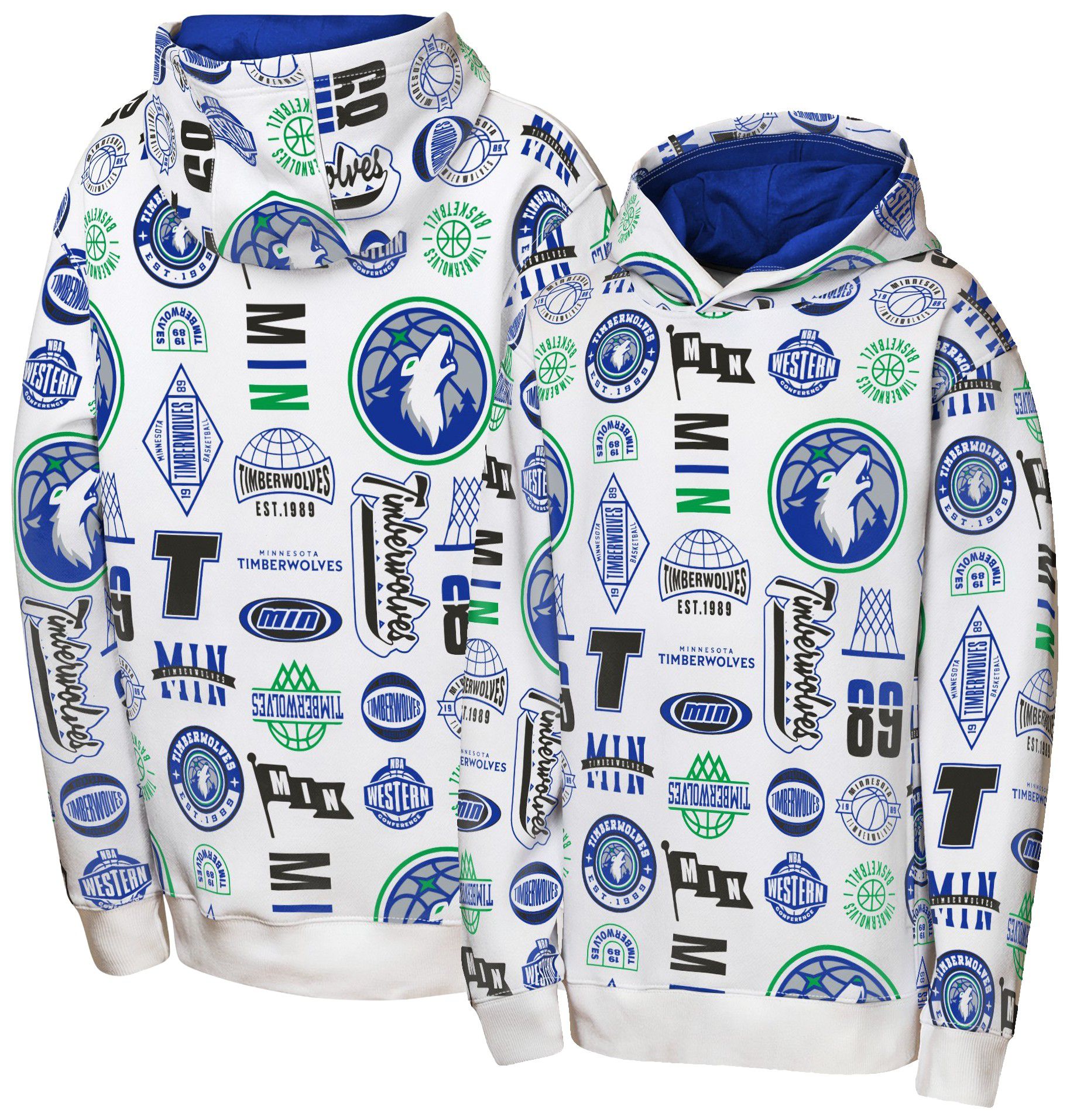 NBA Team Apparel Youth Minnesota Timberwolves 3 and D All Over Print Hoodie, XL, White