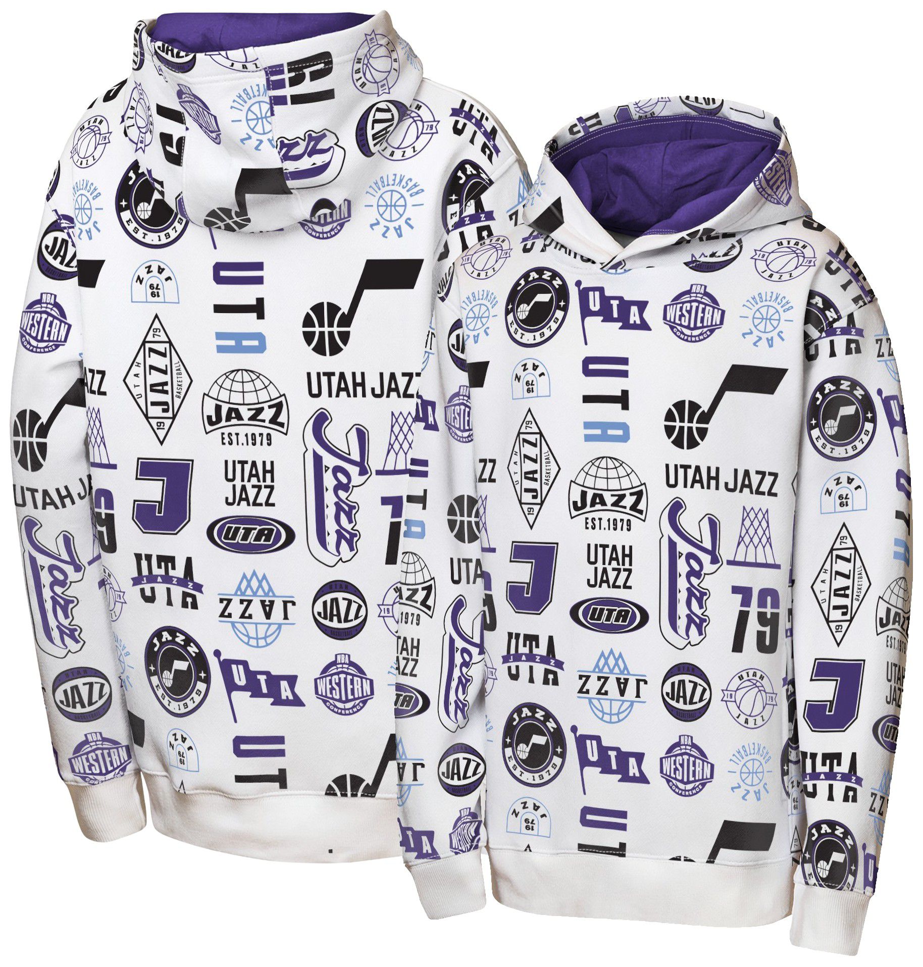 NBA Team Apparel Youth Utah Jazz 3 and D All Over Print Hoodie, XL, White