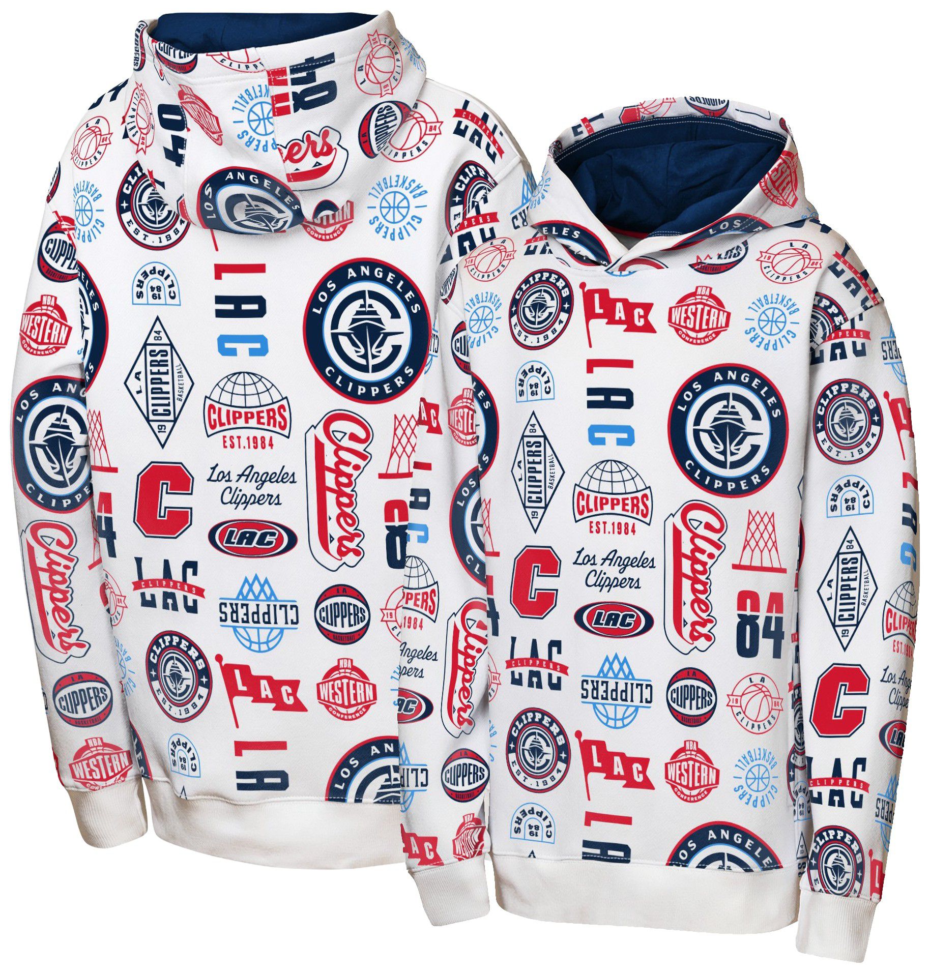 NBA Team Apparel Youth Los Angeles Clippers 3 and D All Over Print Hoodie, Large, White