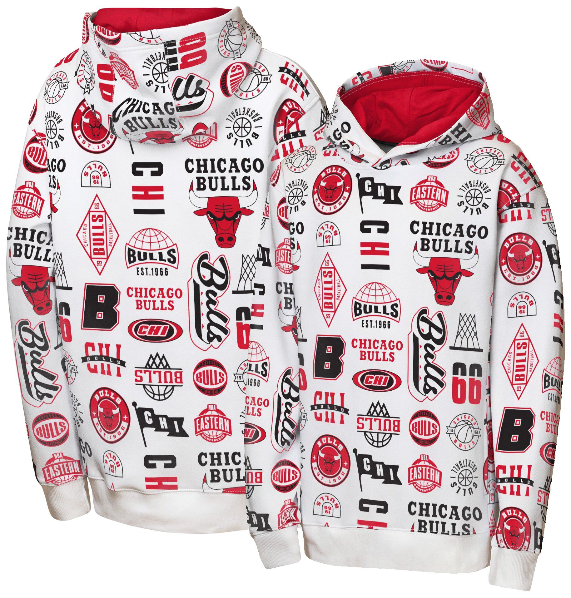 NBA Team Apparel Youth Chicago Bulls 3 and D All Over Print Hoodie, XL, White