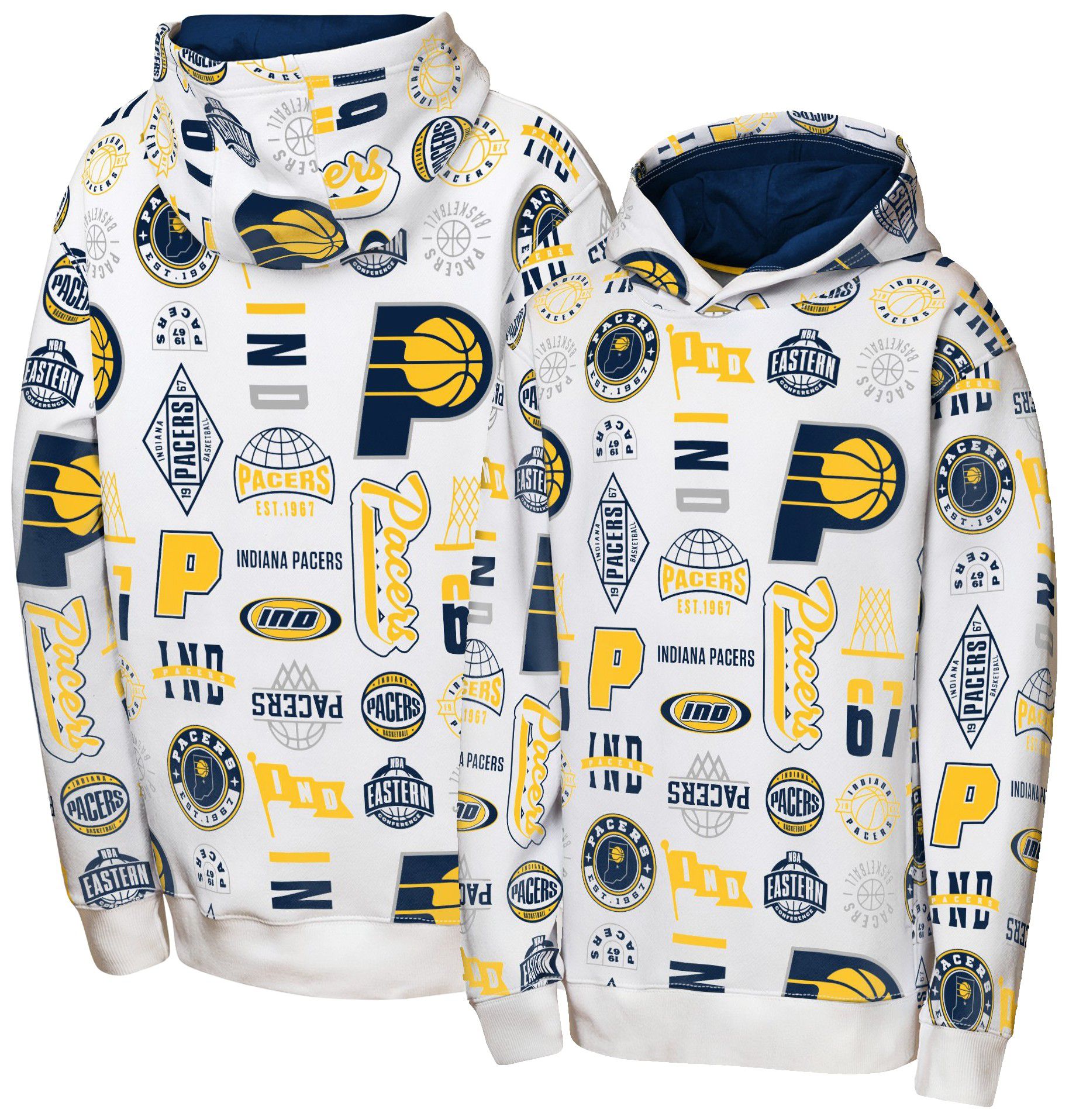 NBA Team Apparel Youth Indiana Pacers 3 and D All Over Print Hoodie, XL, White