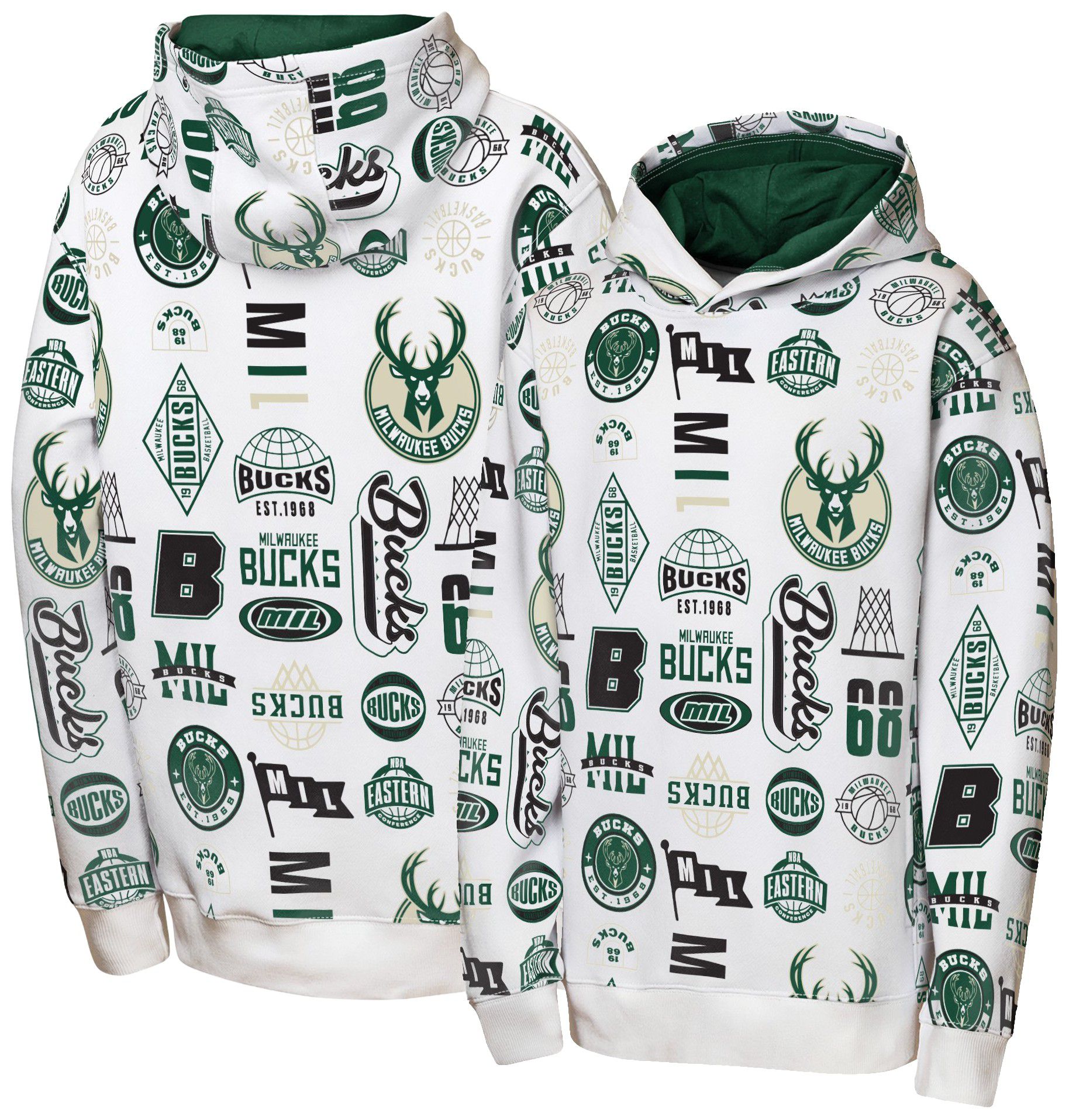 NBA Team Apparel Youth Milwaukee Bucks 3 and D All Over Print Hoodie, Small, White