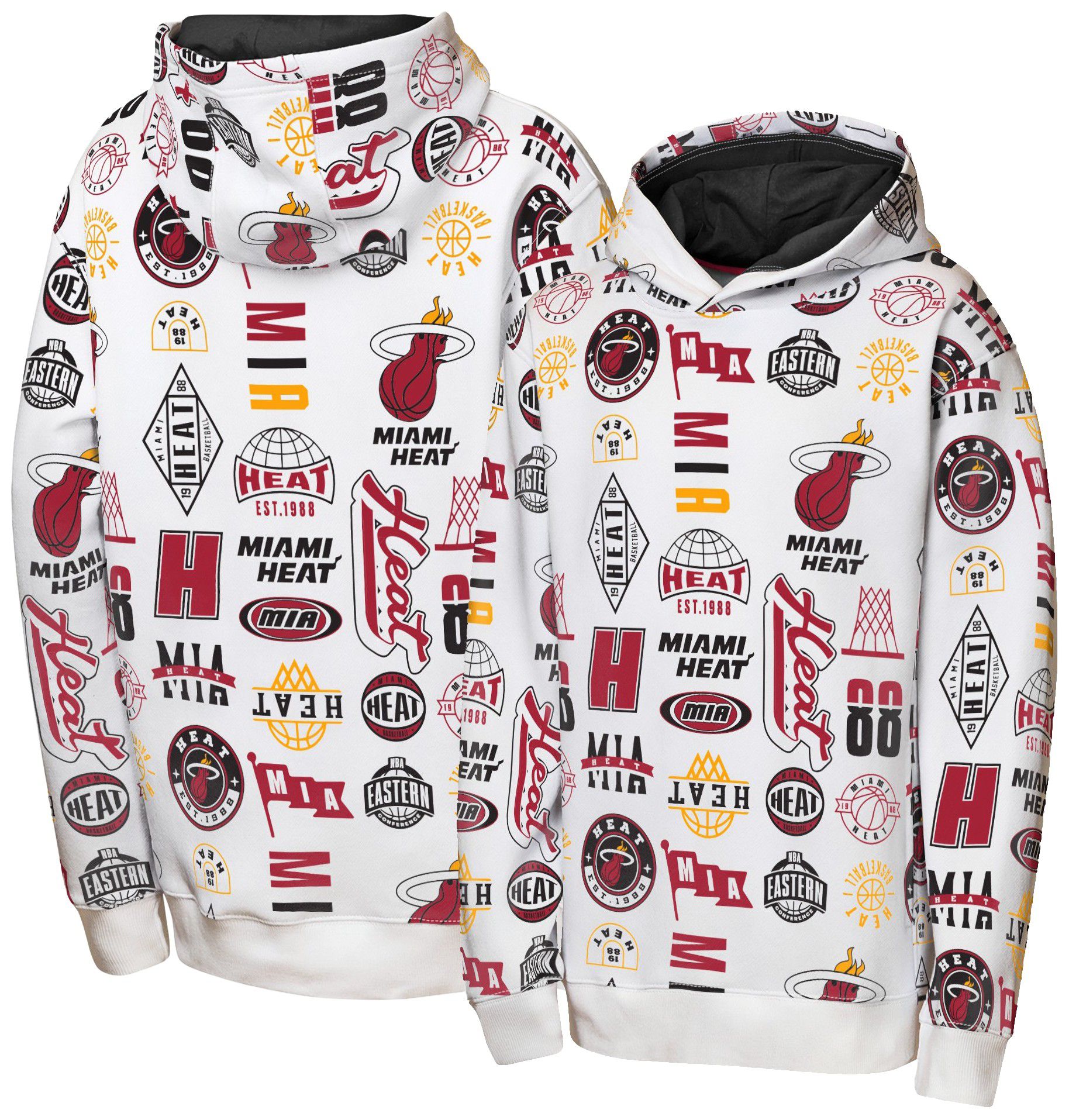 NBA Team Apparel Youth Miami Heat 3 and D All Over Print Hoodie, Large, White
